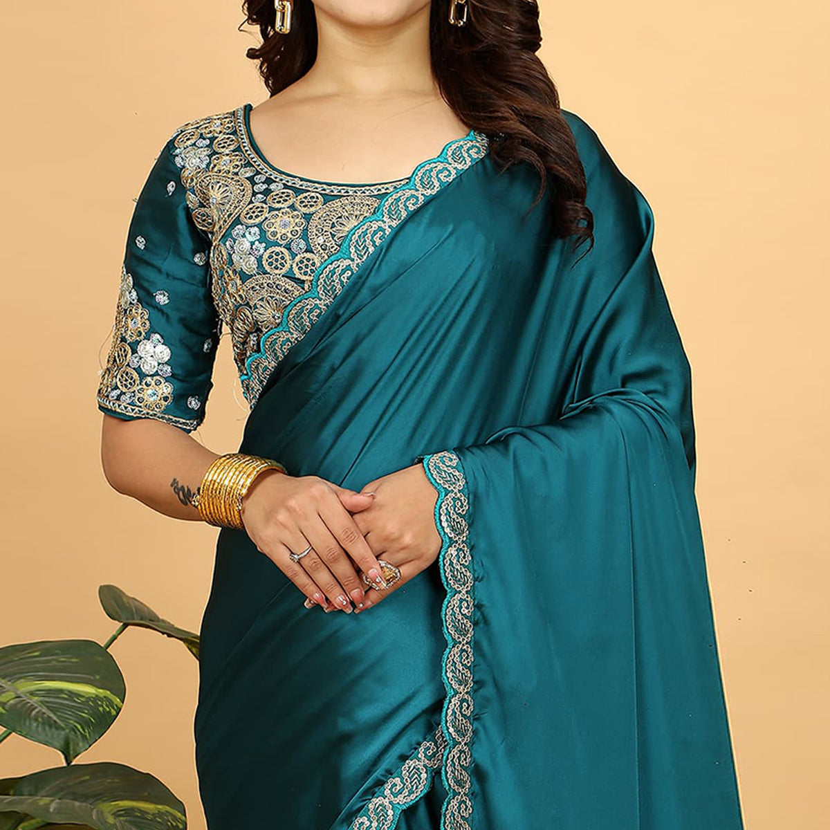 Morpich Solid Satin Saree With Sequins Embroidered Border