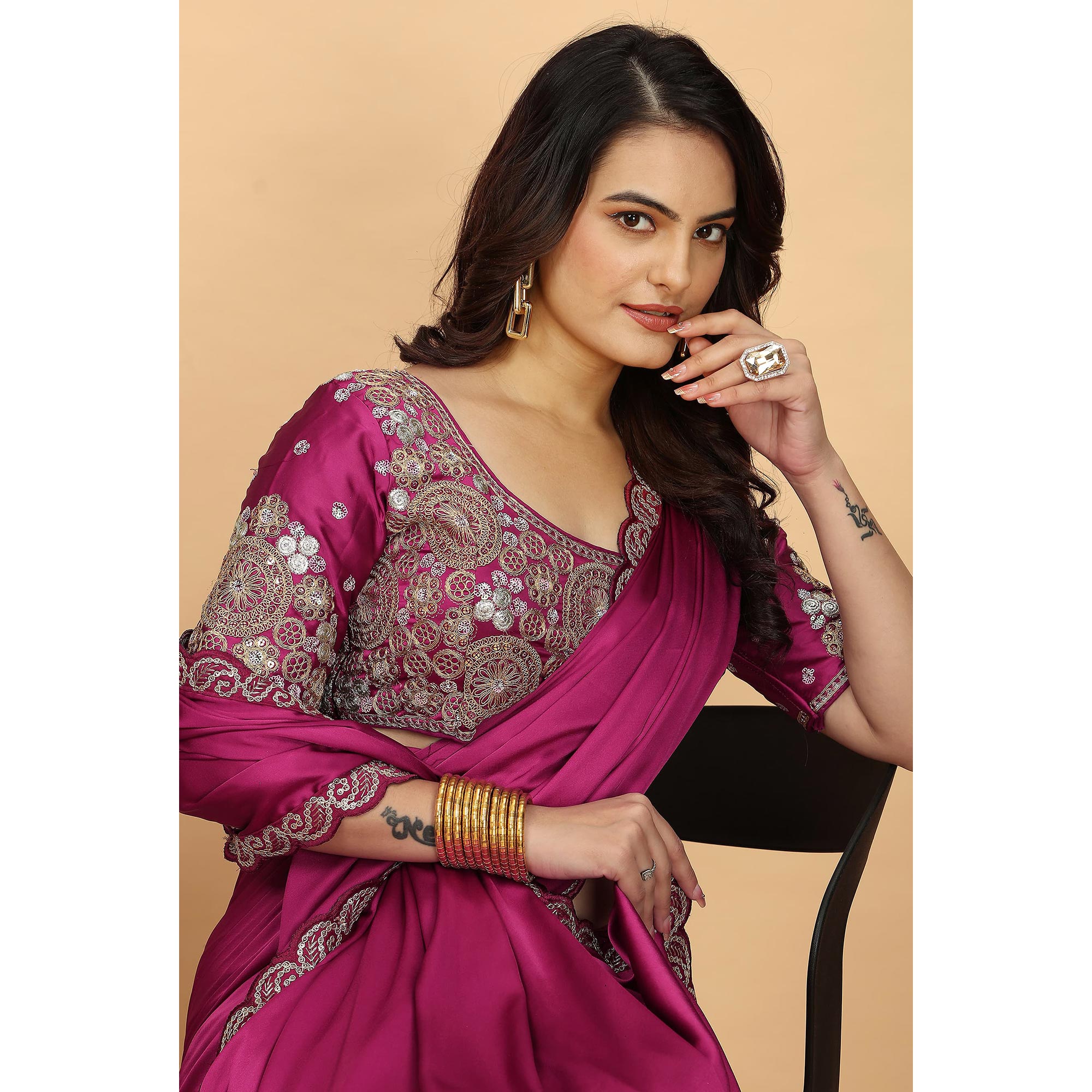 Pink Solid Satin Saree With Sequins Embroidered Border