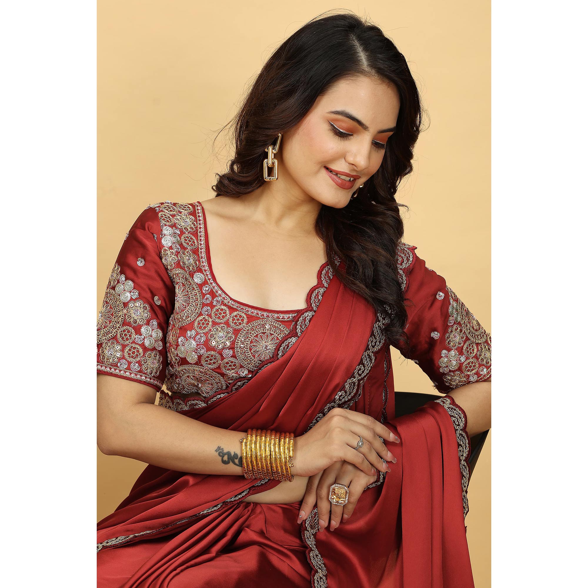 Red Solid Satin Saree With Sequins Embroidered Border