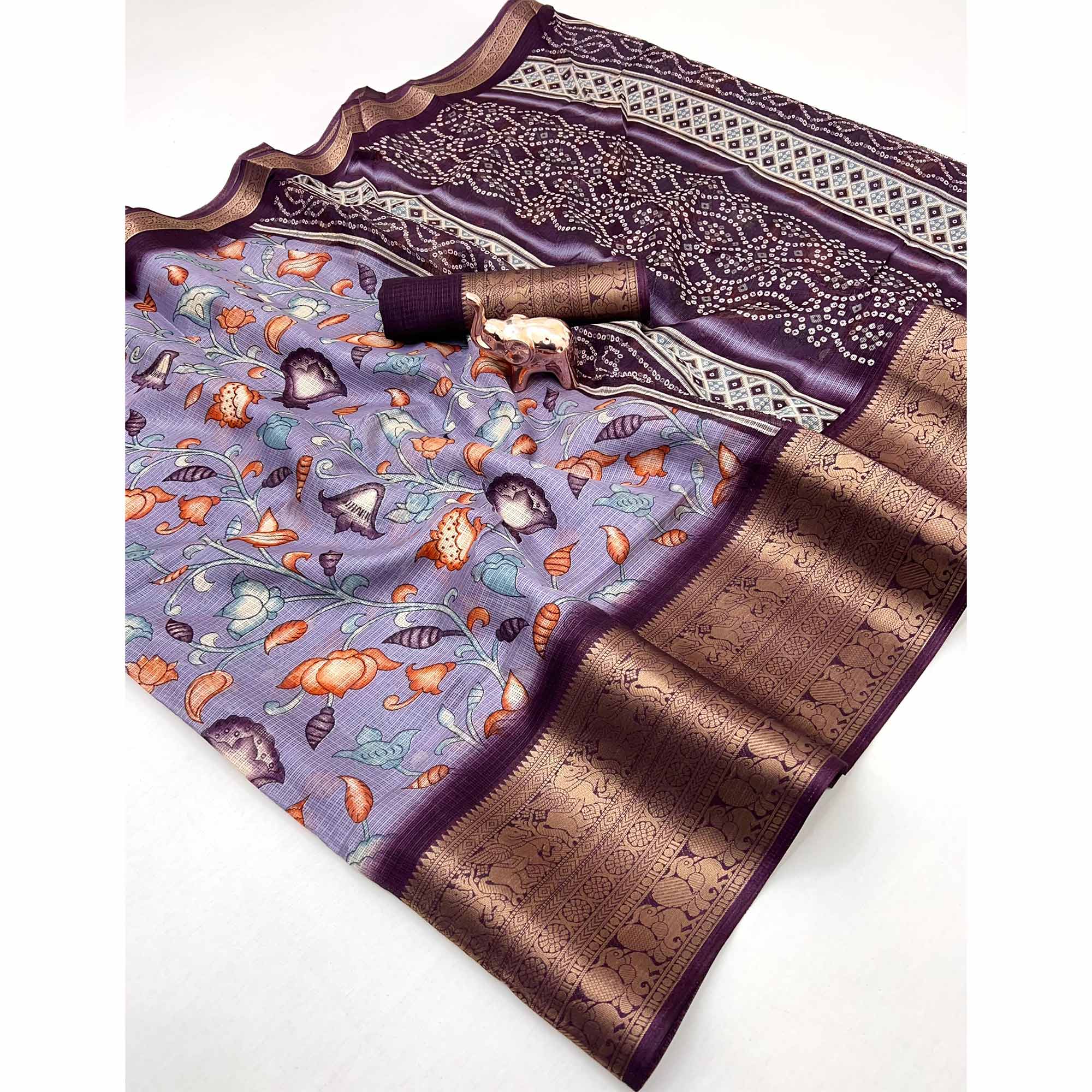 Lavender Kashmiri Floral Printed Kota Doria Saree With Bandhani Pallu & Rich Zari Weaving Border