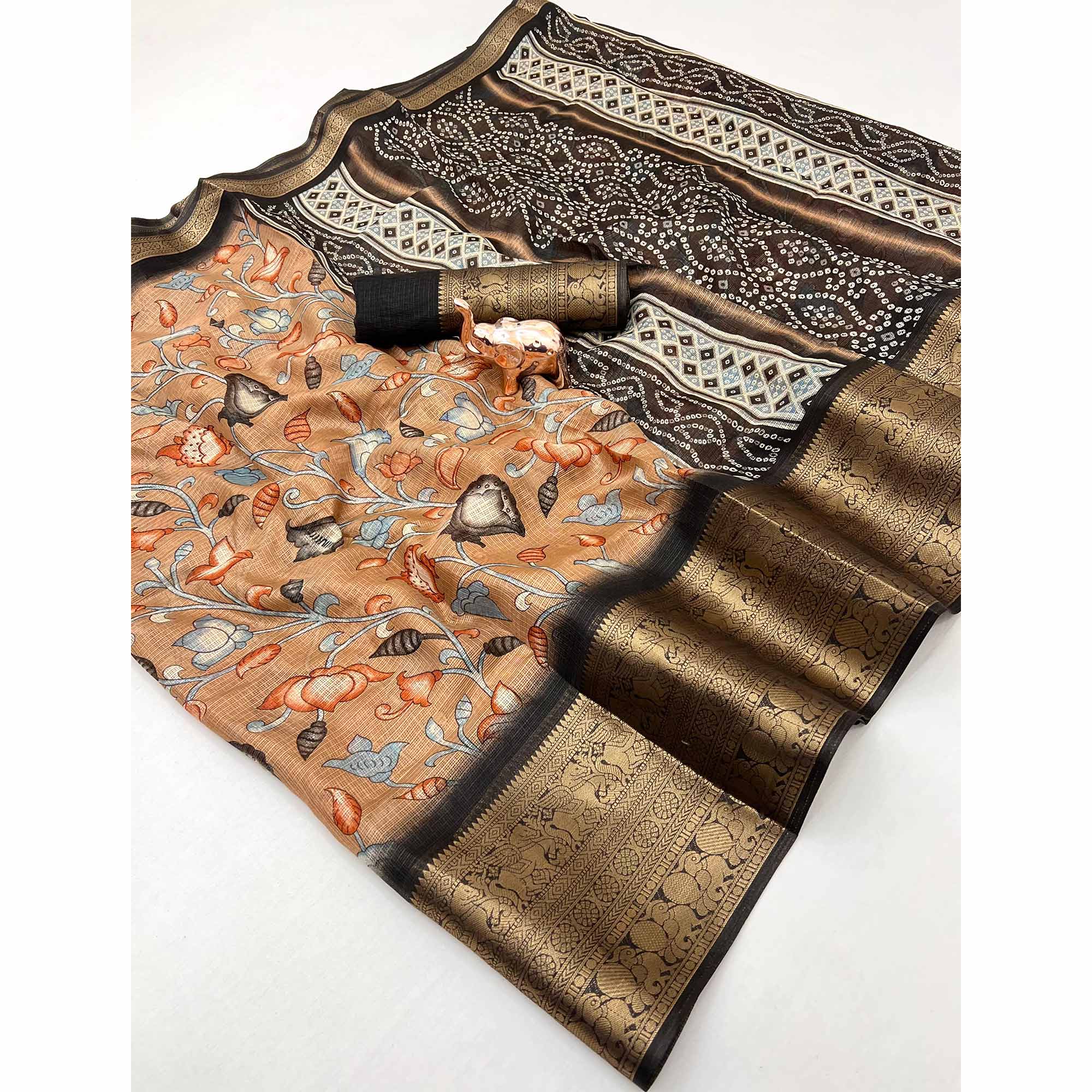 Peach Kashmiri Floral Printed Kota Doria Saree With Bandhani Pallu & Rich Zari Weaving Border