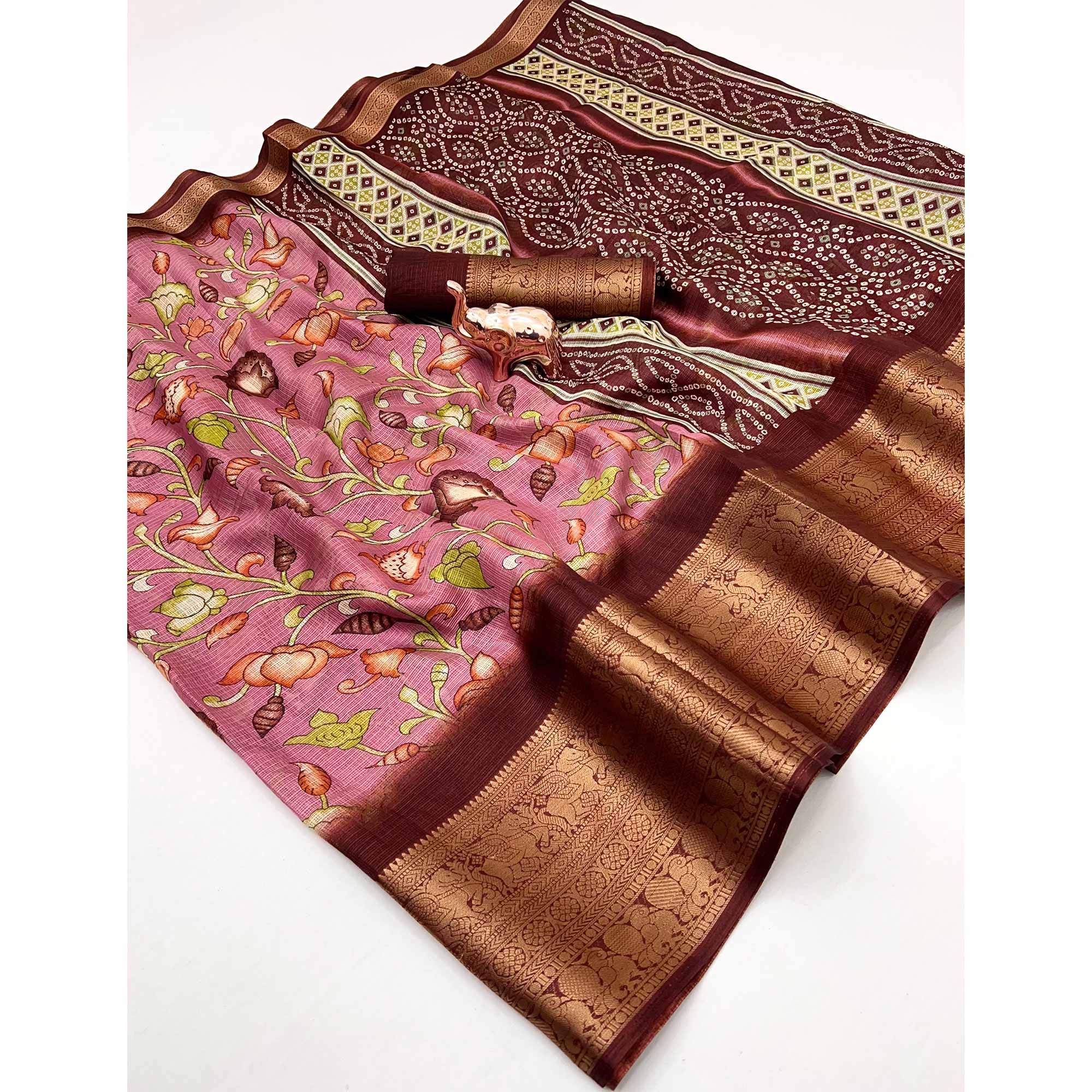 Pink Kashmiri Floral Printed Kota Doria Saree With Bandhani Pallu & Rich Zari Weaving Border