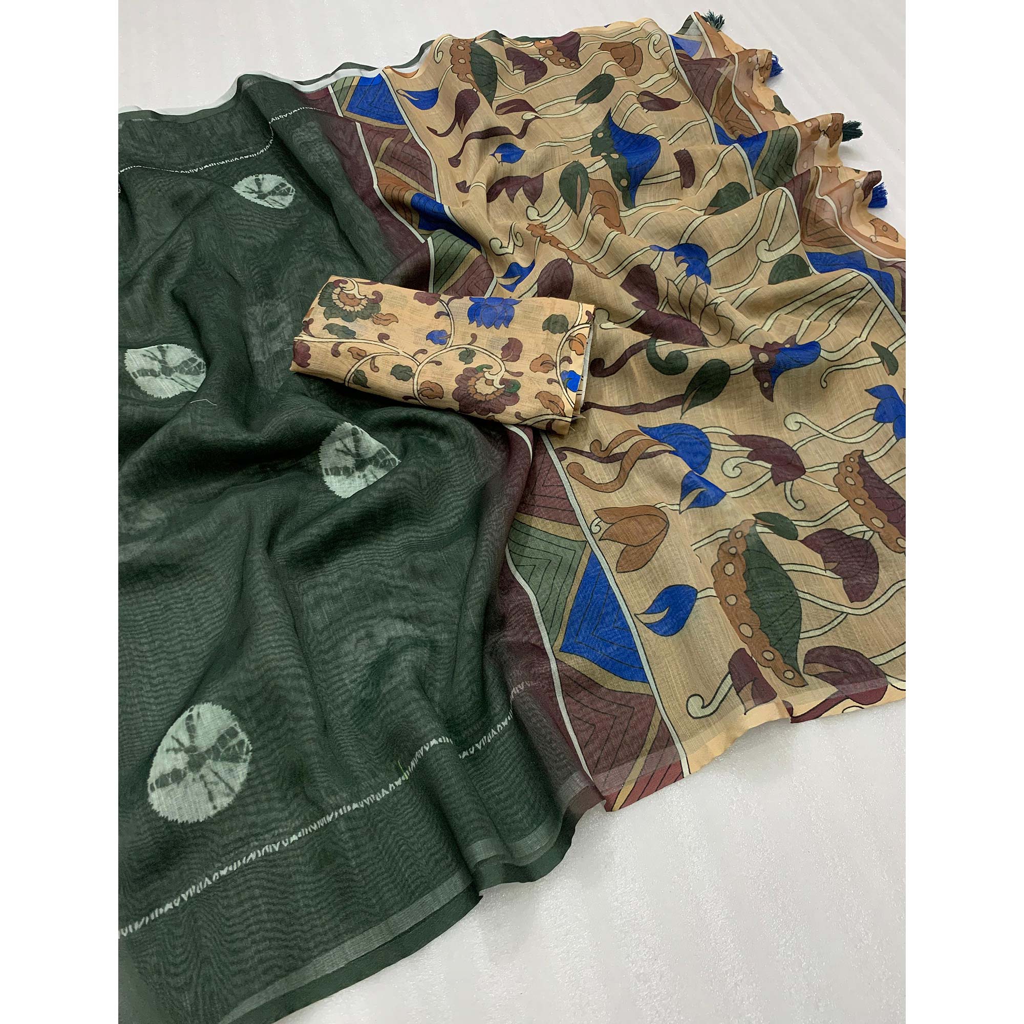 Green Batik Printed Linen Saree