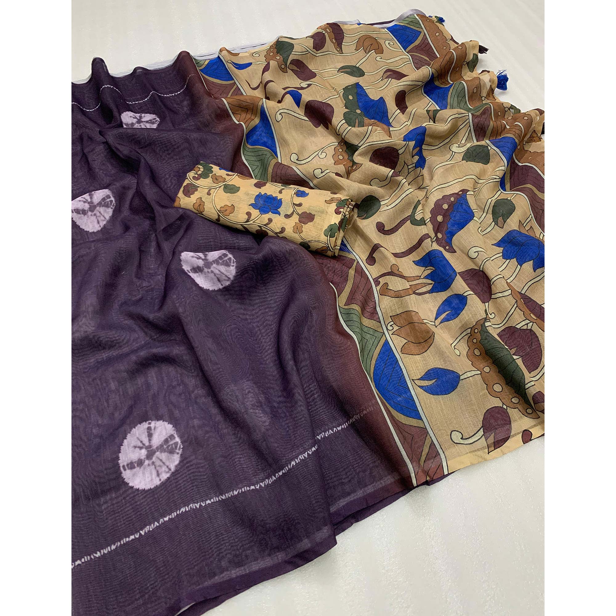 Plum Purple Batik Printed Linen Saree