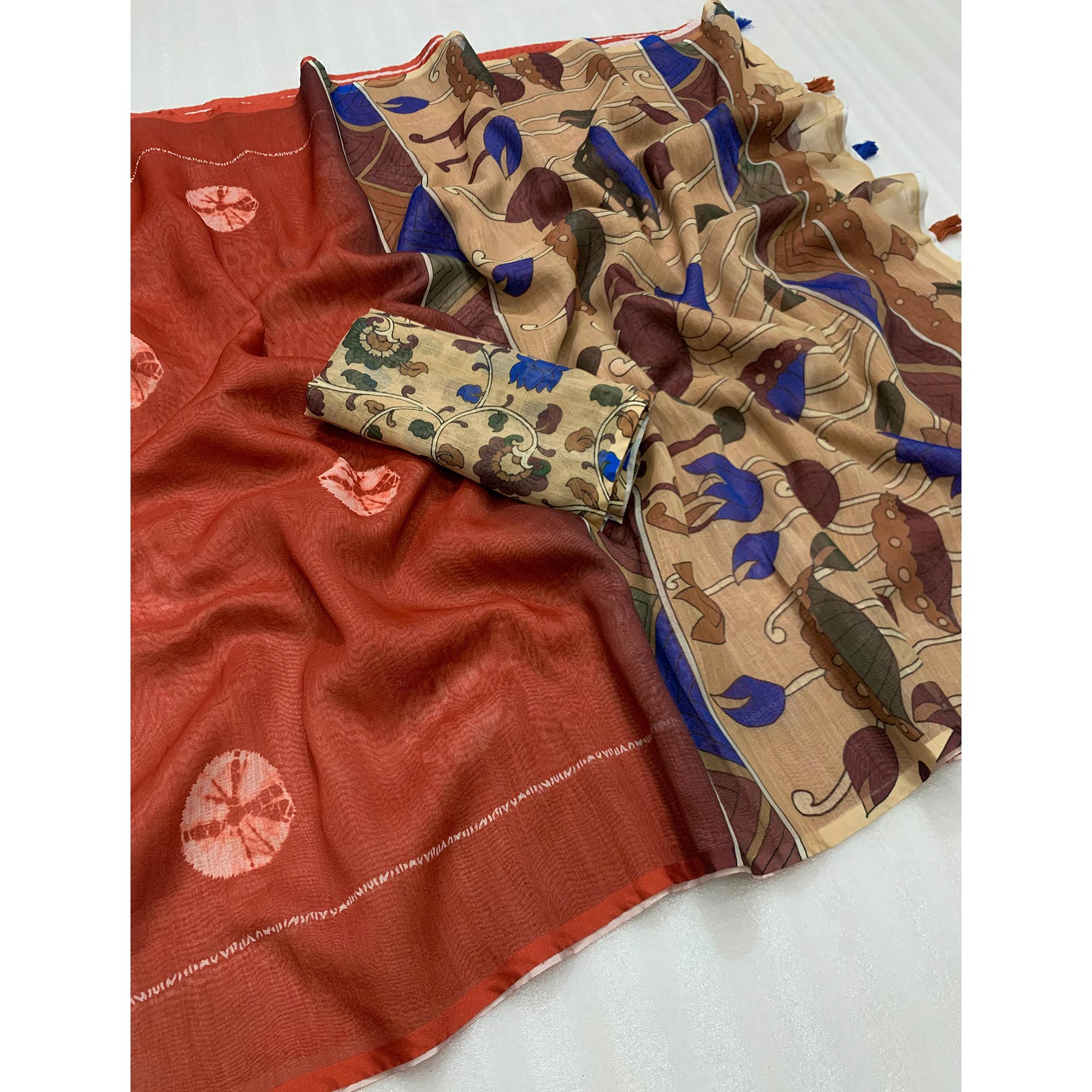 Rust Batik Printed Linen Saree