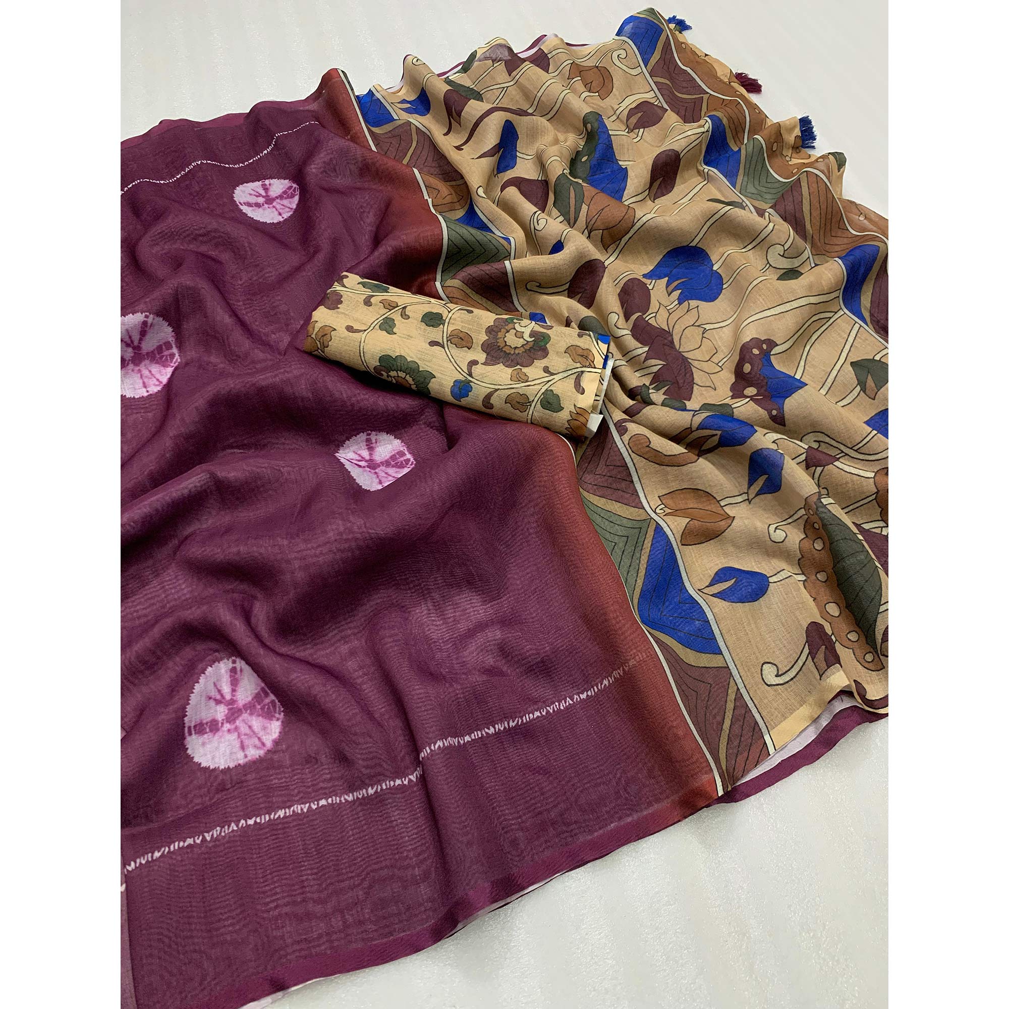 Wine Batik Printed Linen Saree