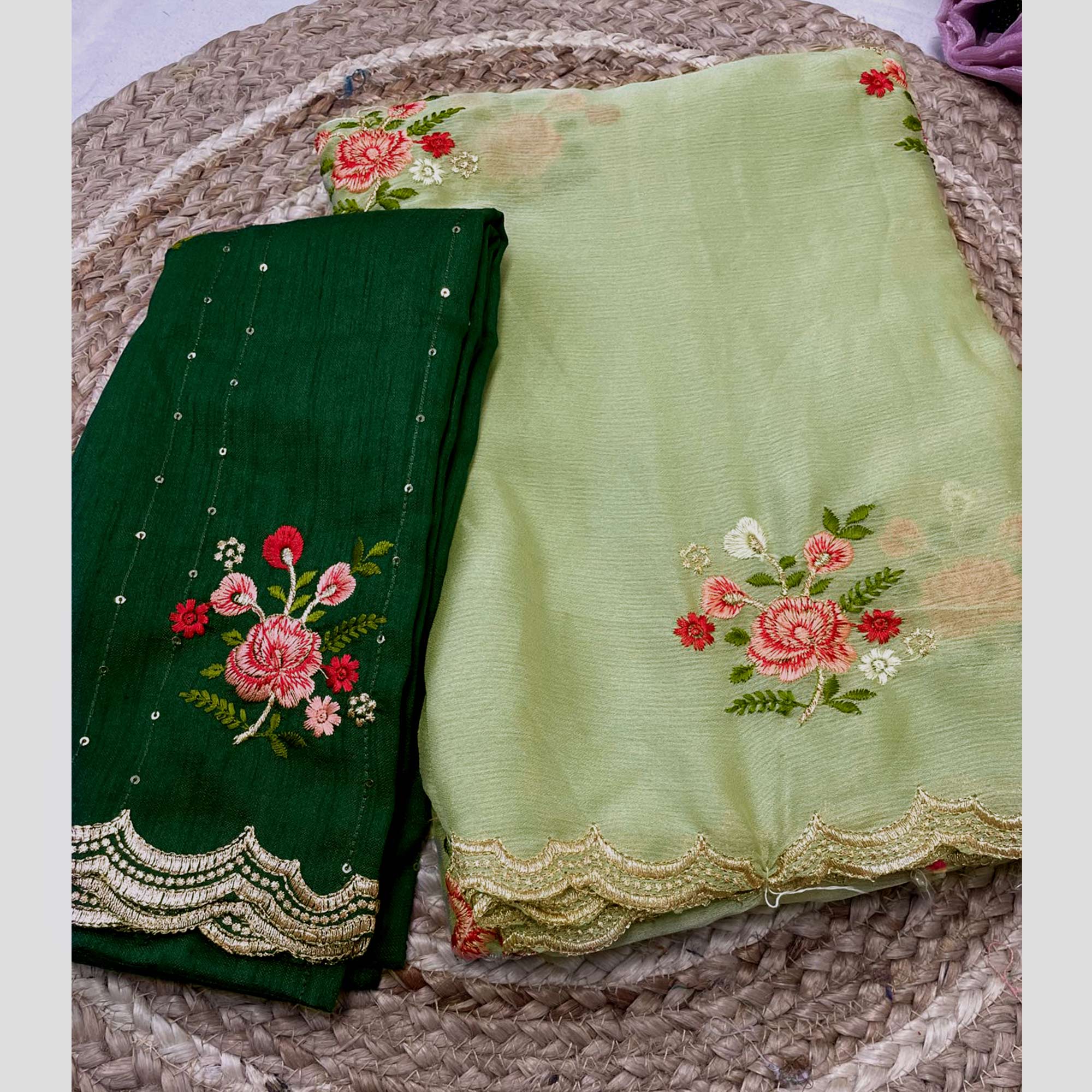 Green Floral Embroidered Chiffon Saree