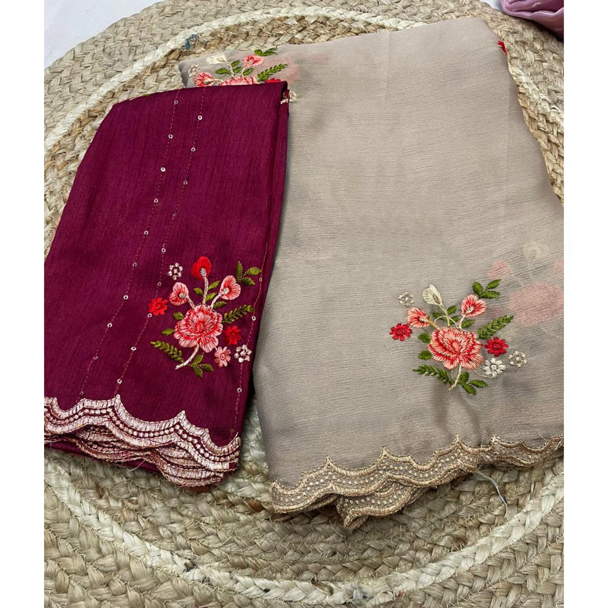 Grey Floral Embroidered Chiffon Saree