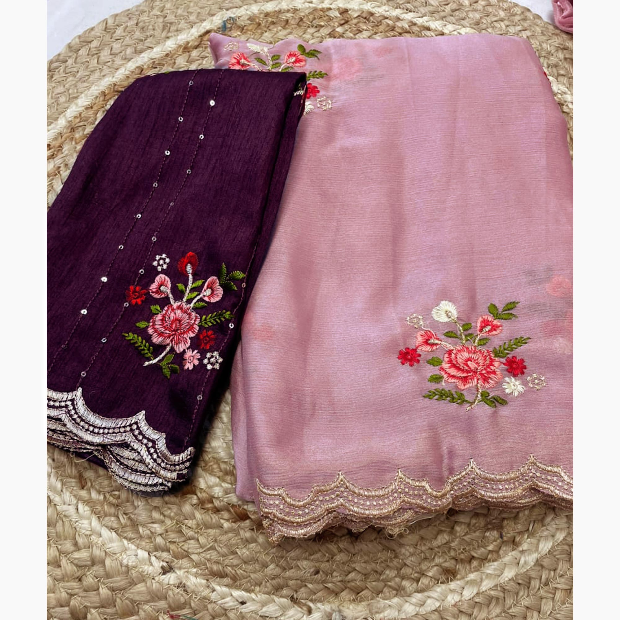 Mauve Floral Embroidered Chiffon Saree