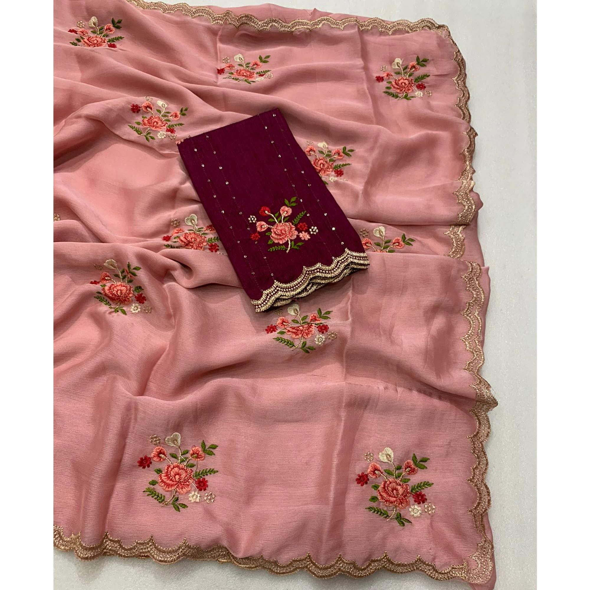 Pink Floral Embroidered Chiffon Saree