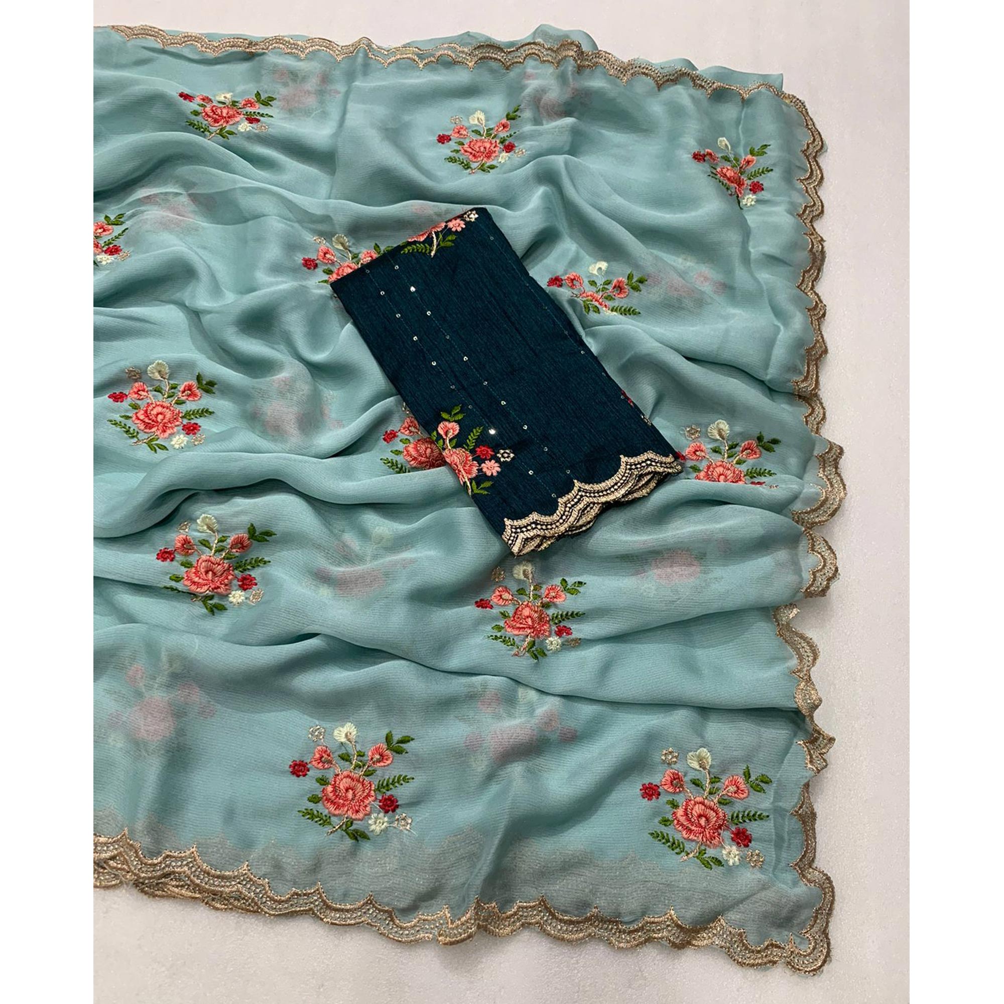 Sky Blue Floral Embroidered Chiffon Saree