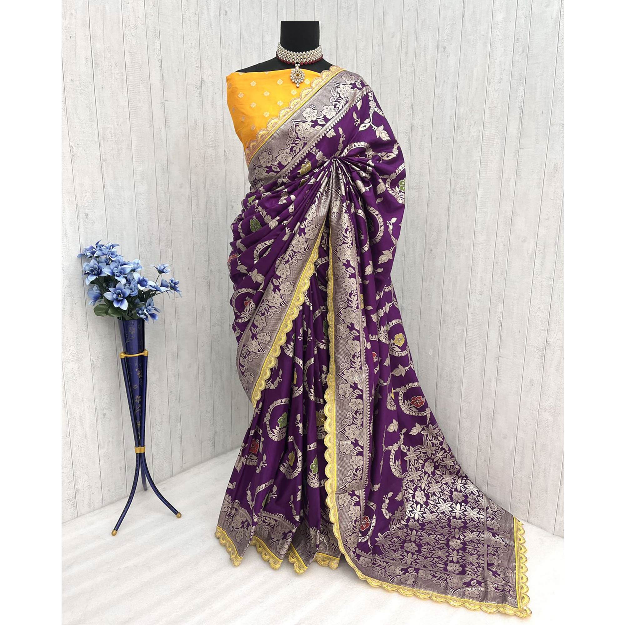 Purple Floral Woven Dola Silk Saree With Lace Border