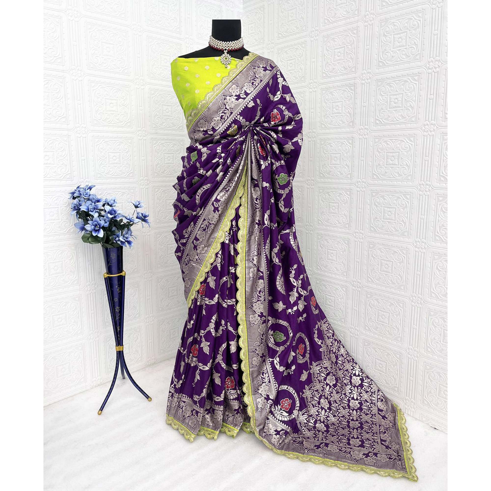 Purple Floral Woven Dola Silk Saree With Lace Border