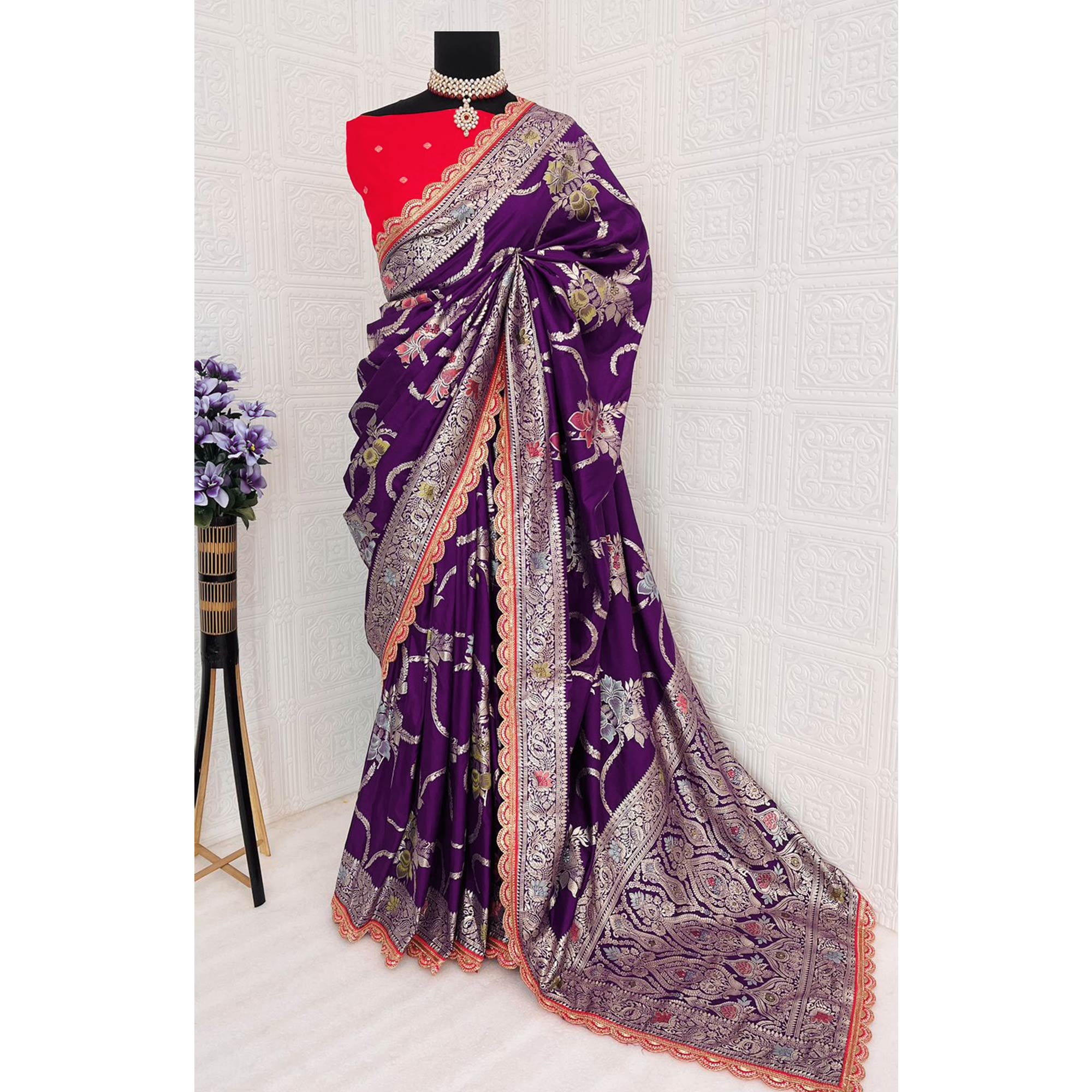 Purple Floral Woven Dola Silk Saree With Lace Border