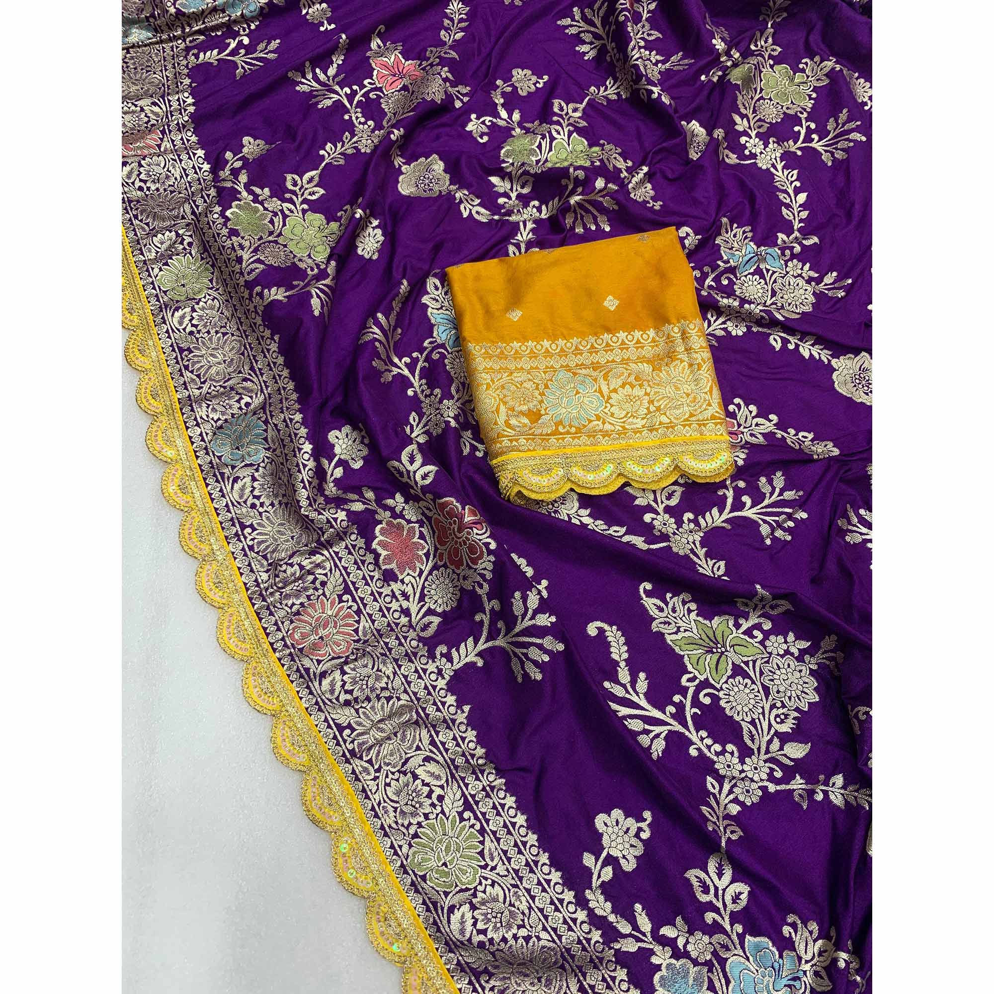 Purple Floral Woven Dola Silk Saree With Lace Border