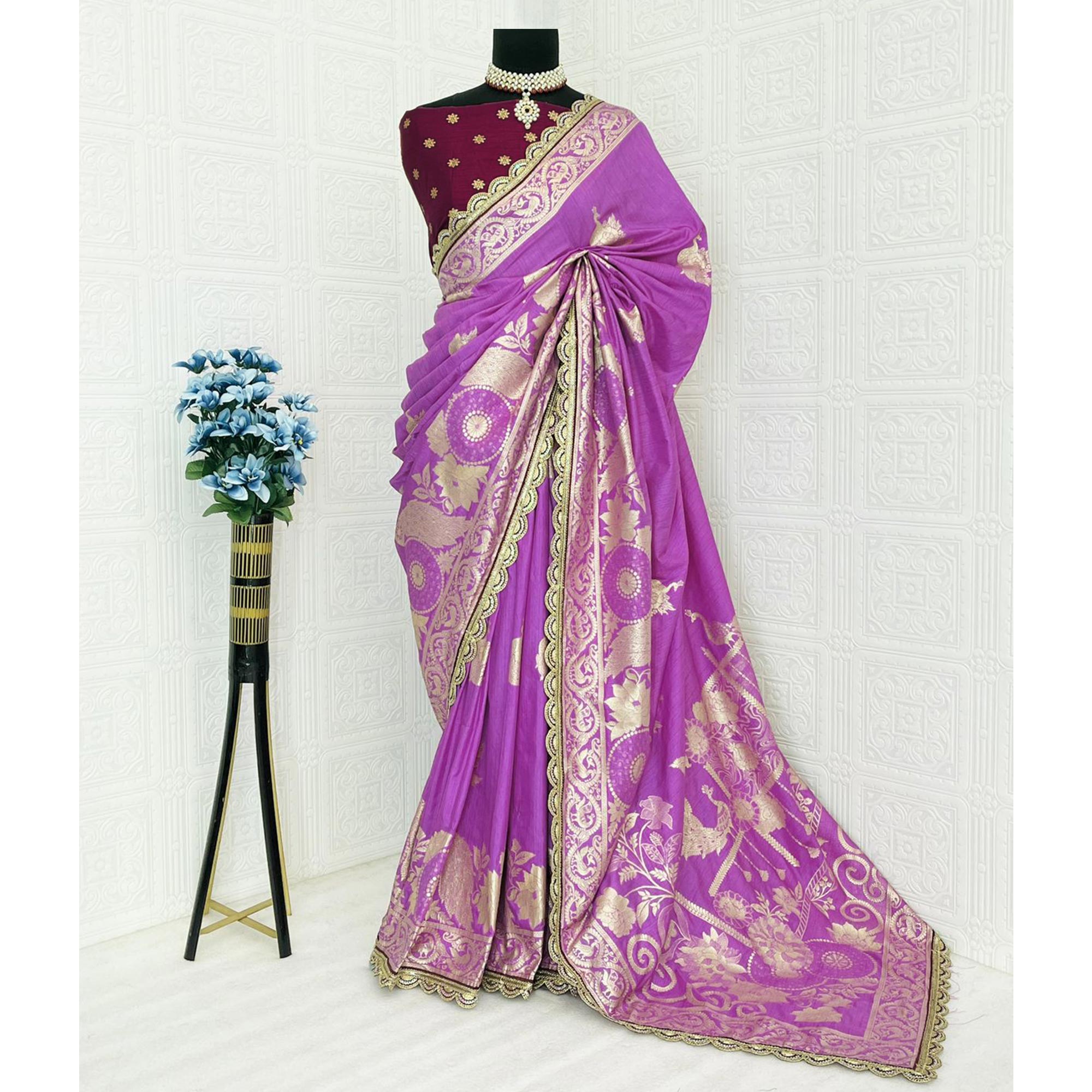 Violet Floral Woven Dola Silk Saree With Lace Border