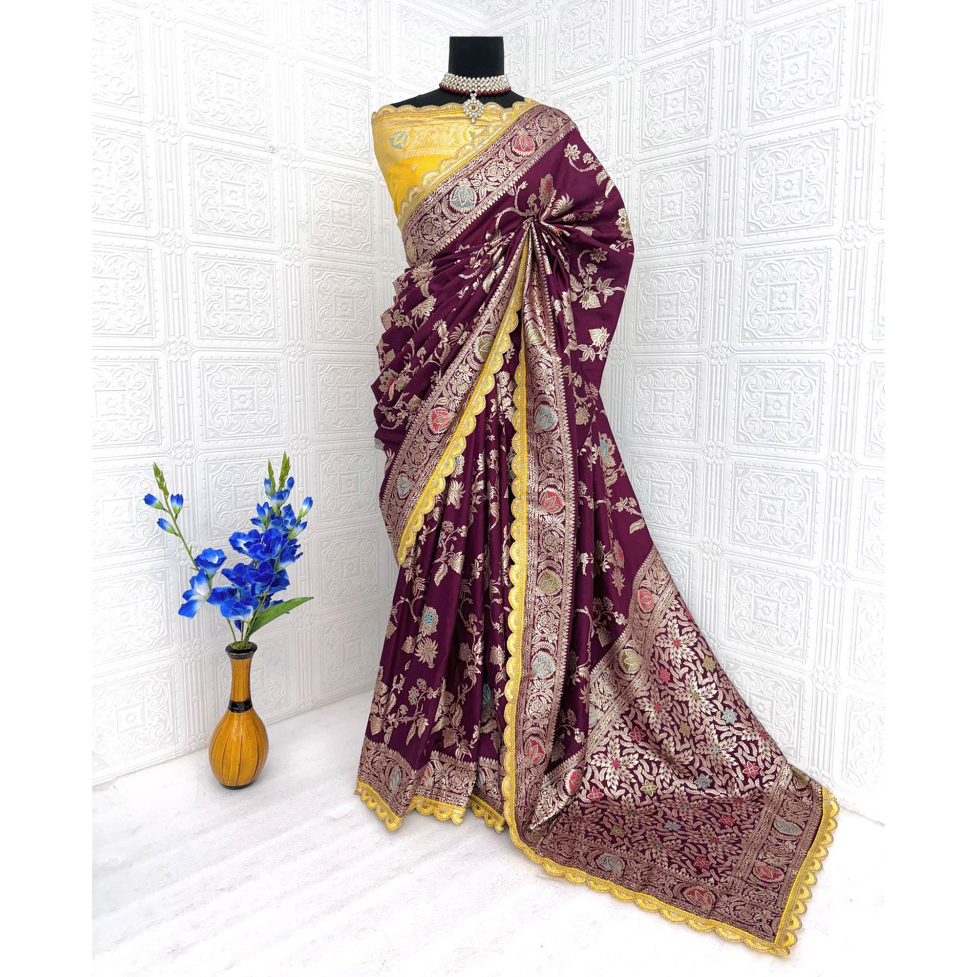 Wine Floral Woven Dola Silk Saree With Lace Border