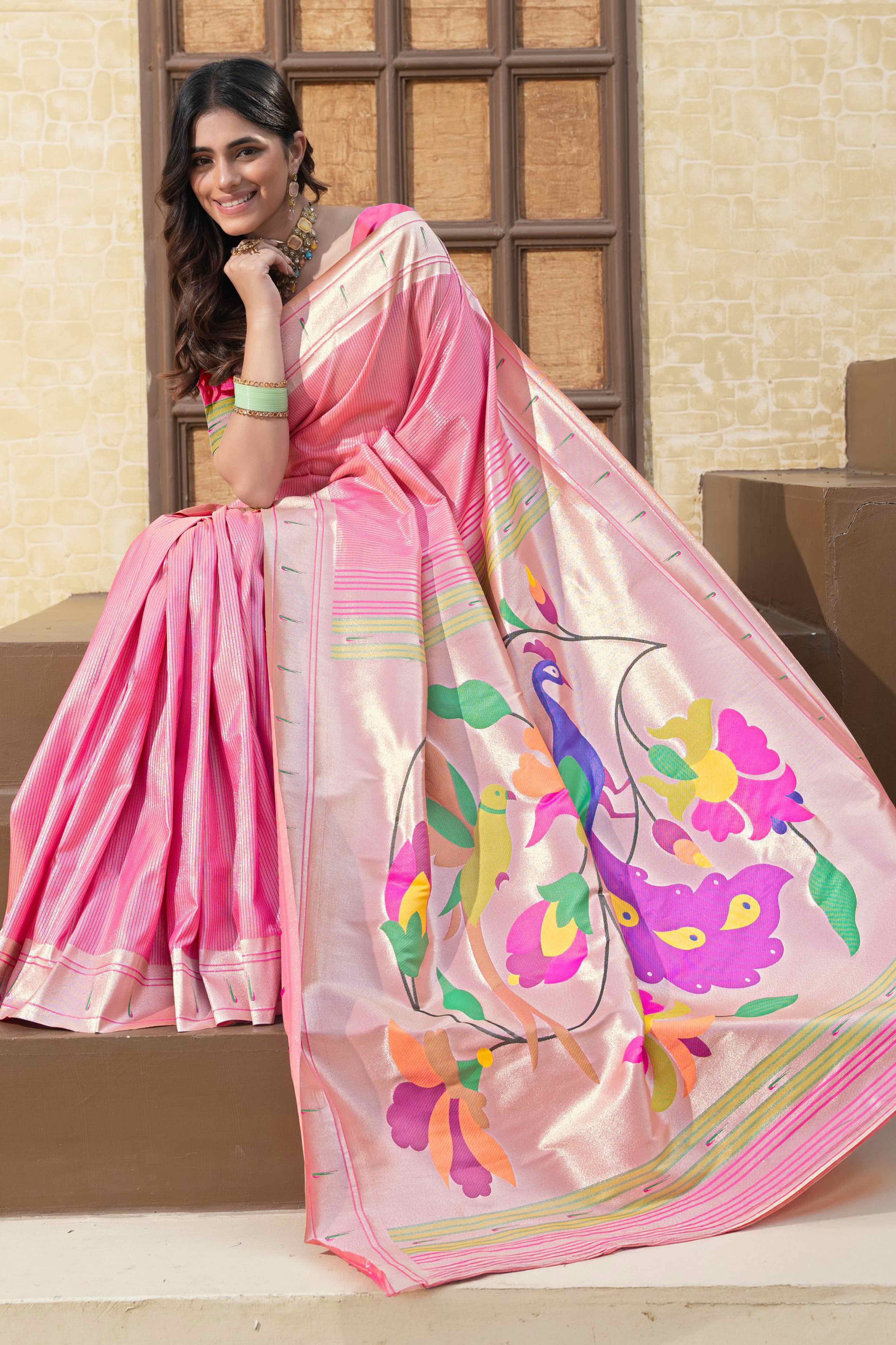 Pink Floral Zari Woven Silk Blend Paithani Saree With Intricate Weaving