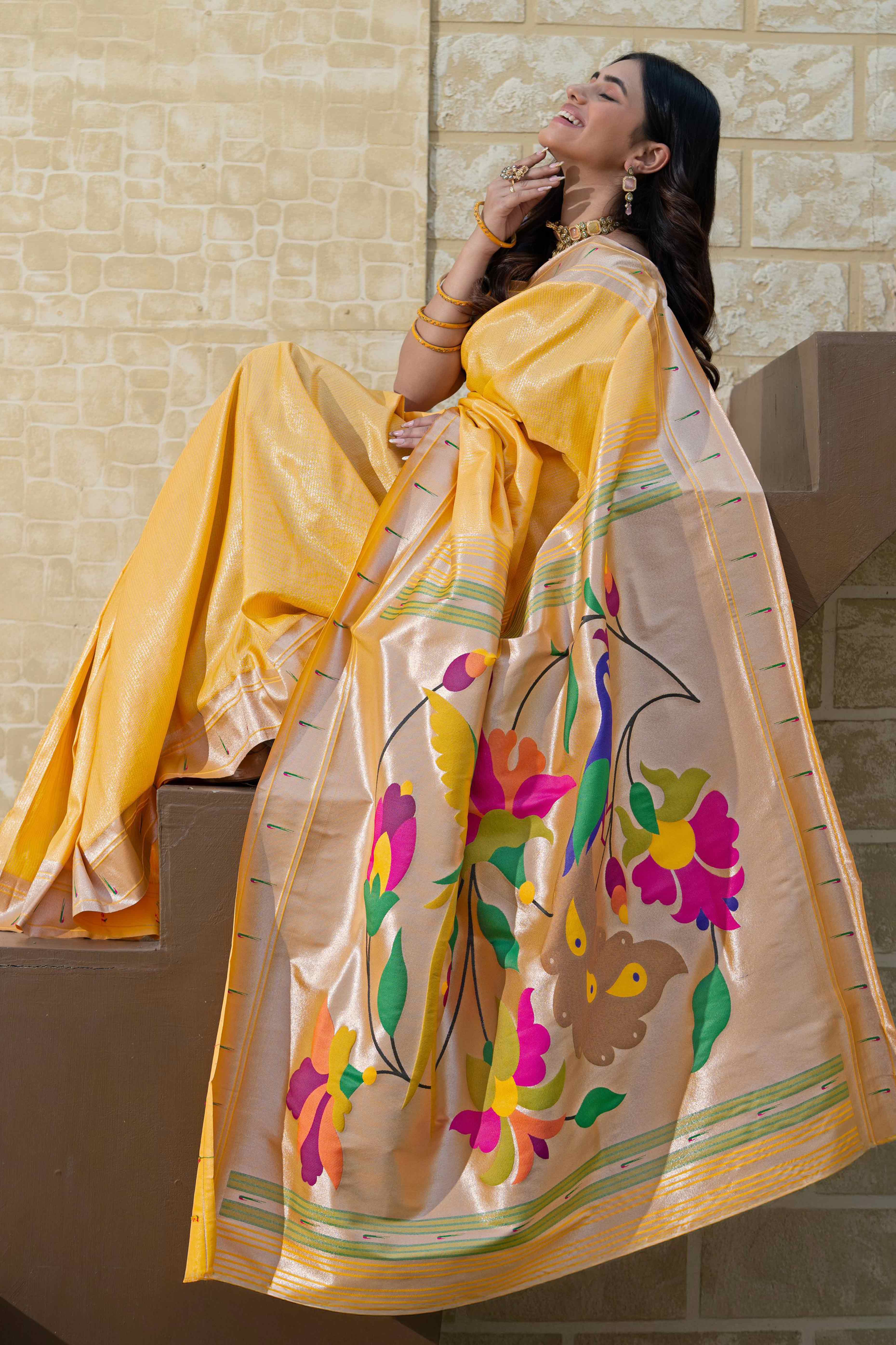 Yellow Floral Zari Woven Silk Blend Paithani Saree With Intricate Weaving
