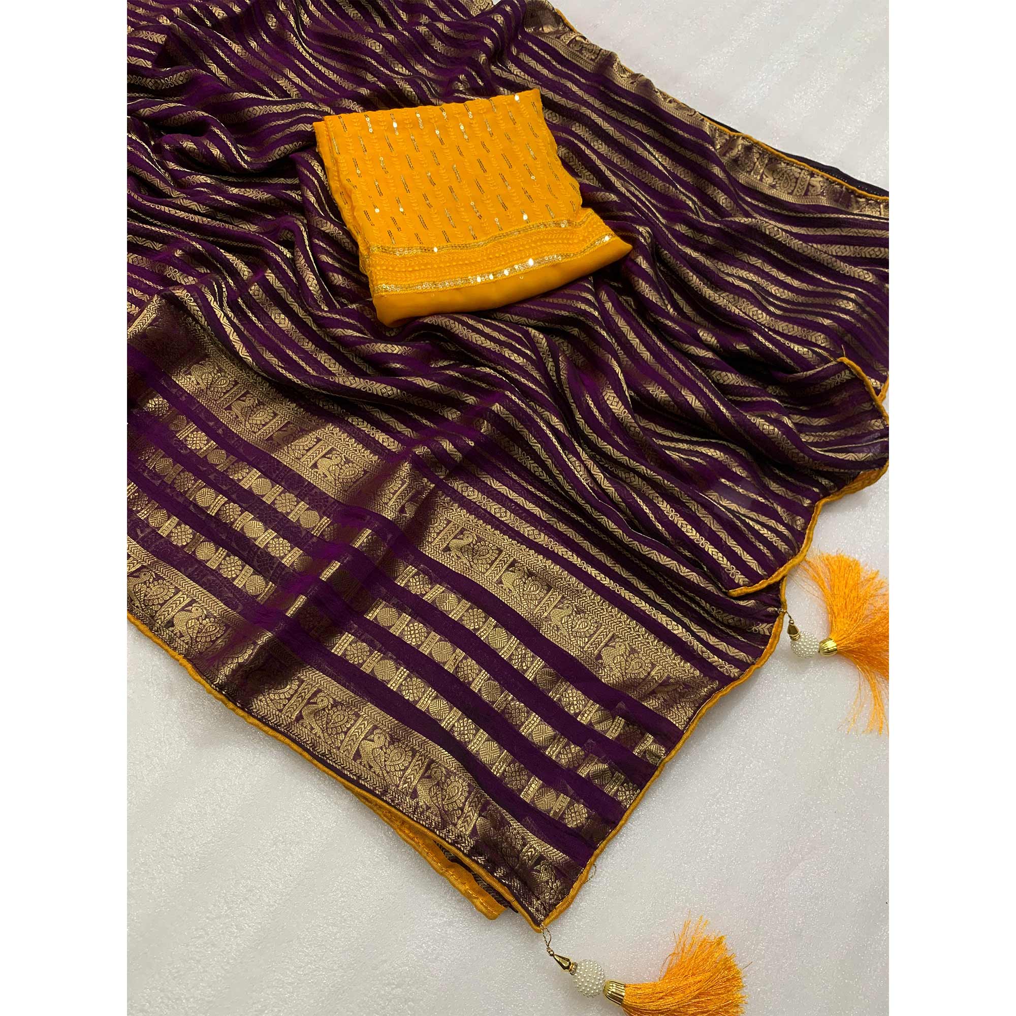 Purple Zari Work Woven Organza Saree