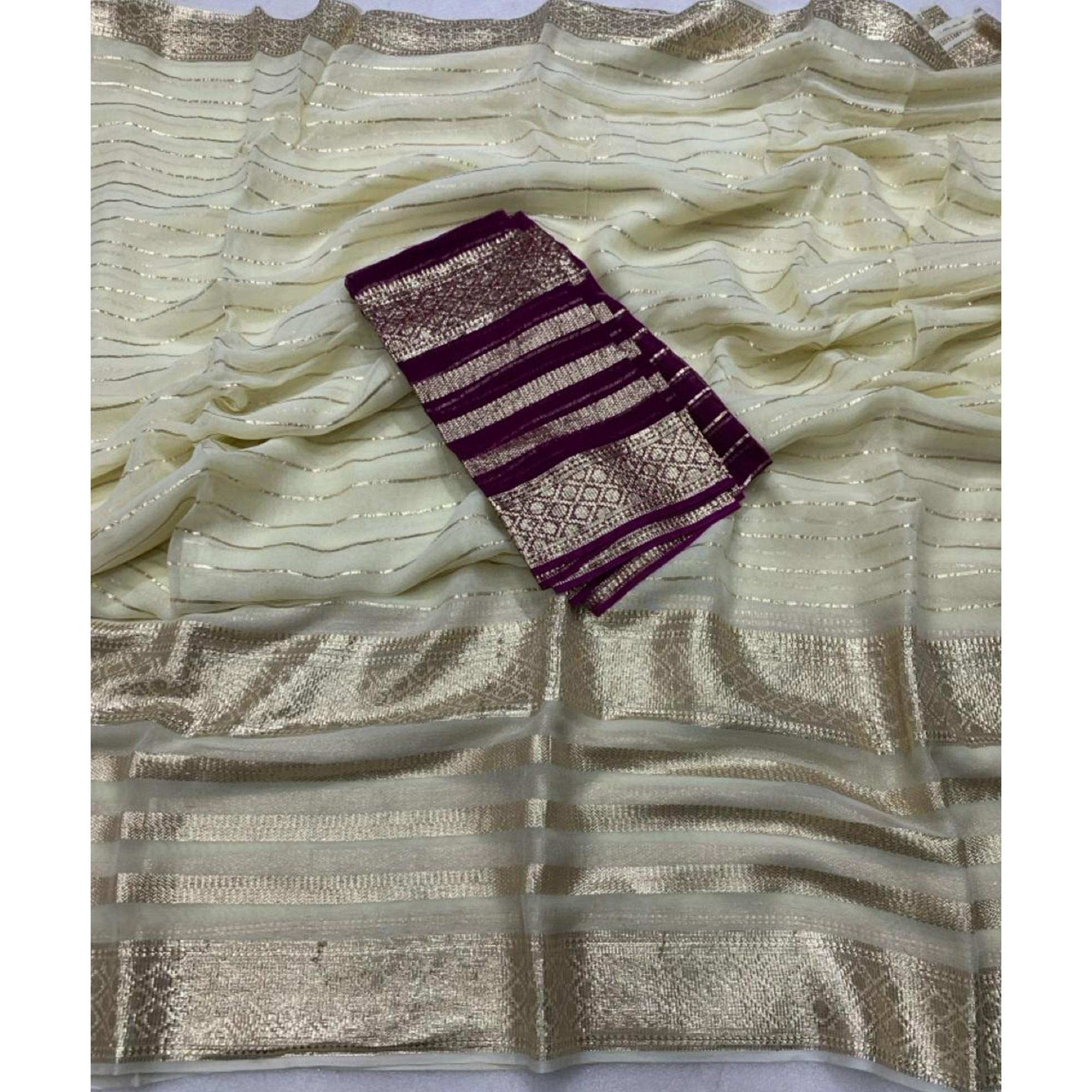 Offwhite & Purple Striped Zari Woven Viscose Saree