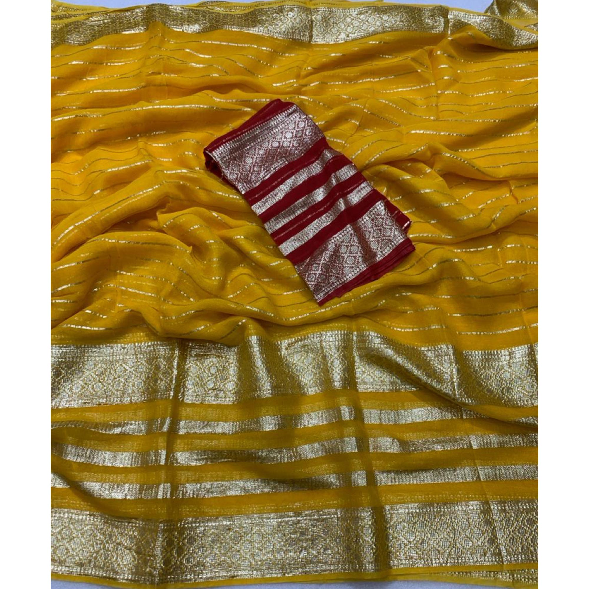 Yellow Striped Zari Woven Viscose Saree