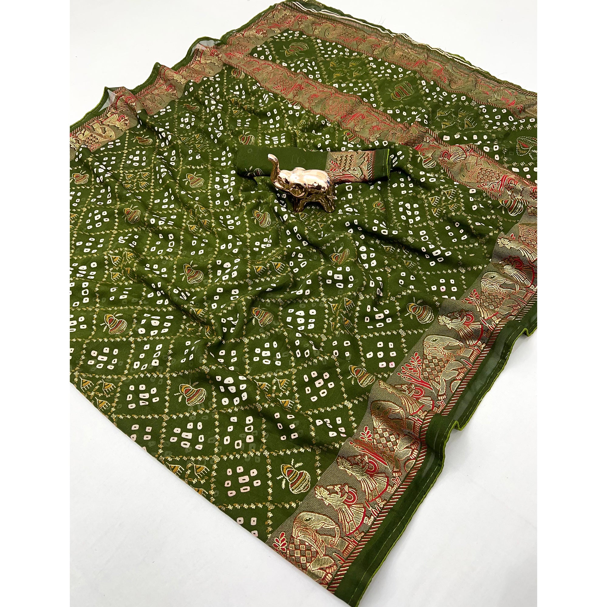 Elegant Mehendi Green Bandhani Foil Printed Georgette Saree Highlighted With Soft Tassel Pallu
