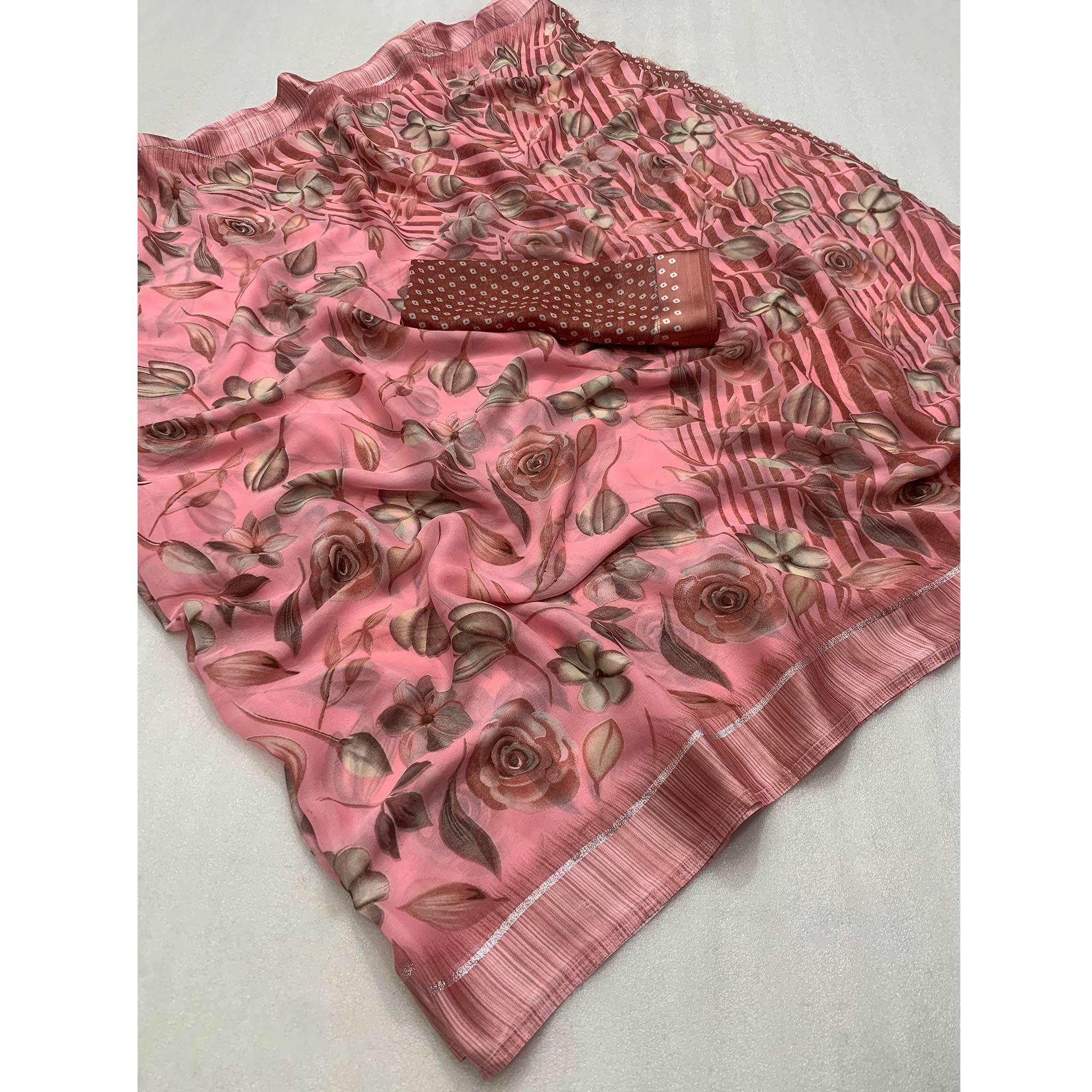 Peach Floral Printed Chiffon Saree