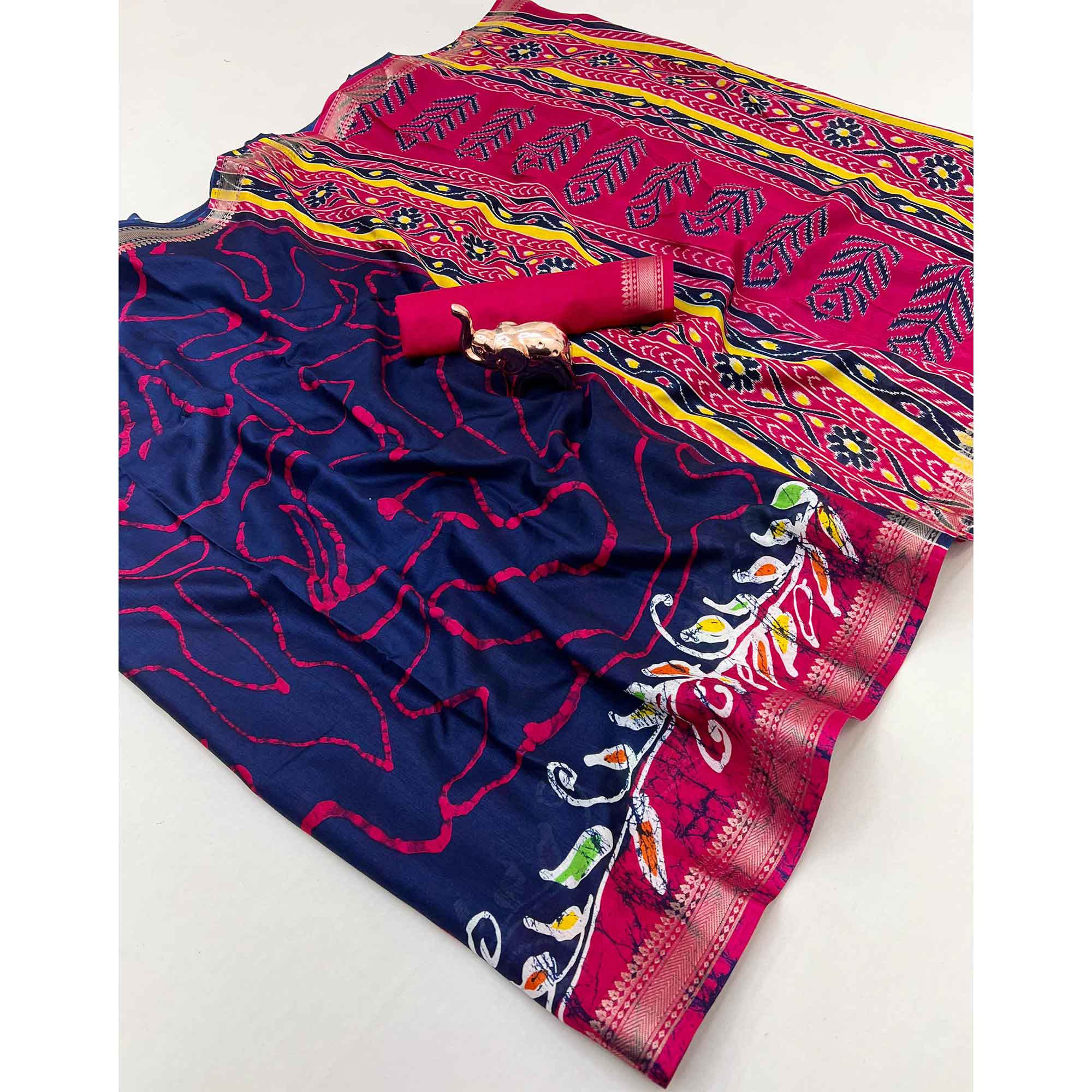 Majestic Navy Blue Batik Abstract Printed Cotton Blend Saree With Elegant Zari Weaving Border