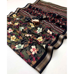 Classic Black Floral Printed Cotton Blend Saree With Elegant Zari Weaving Border