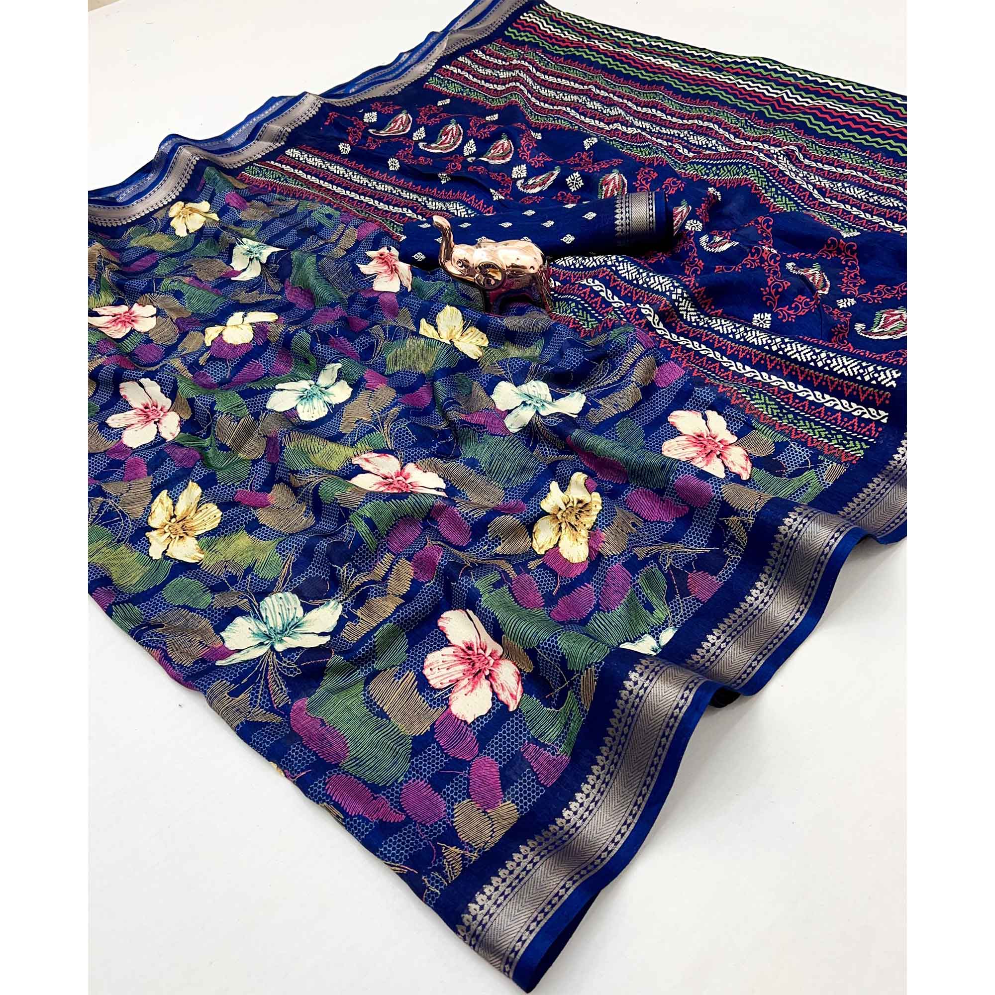 Classic Blue Floral Printed Cotton Blend Saree With Elegant Zari Weaving Border