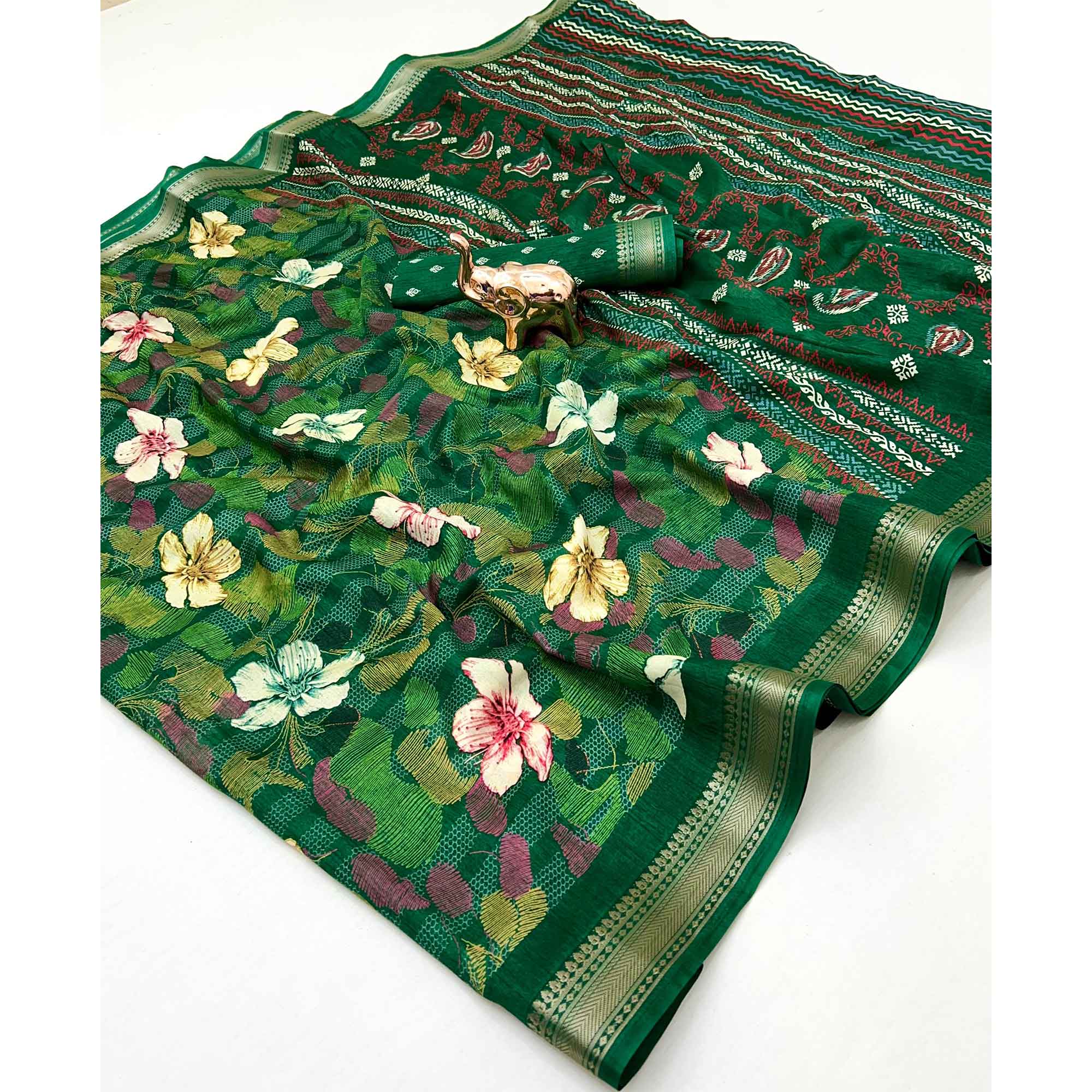 Classic Green Floral Printed Cotton Blend Saree With Elegant Zari Weaving Border