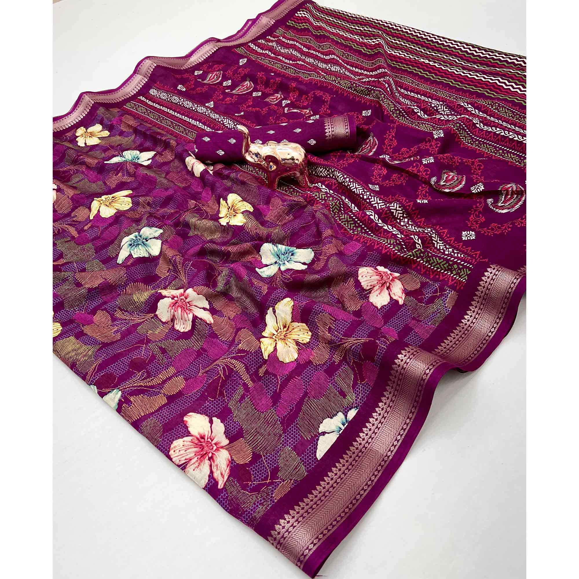 Classic Wine Floral Printed Cotton Blend Saree With Elegant Zari Weaving Border