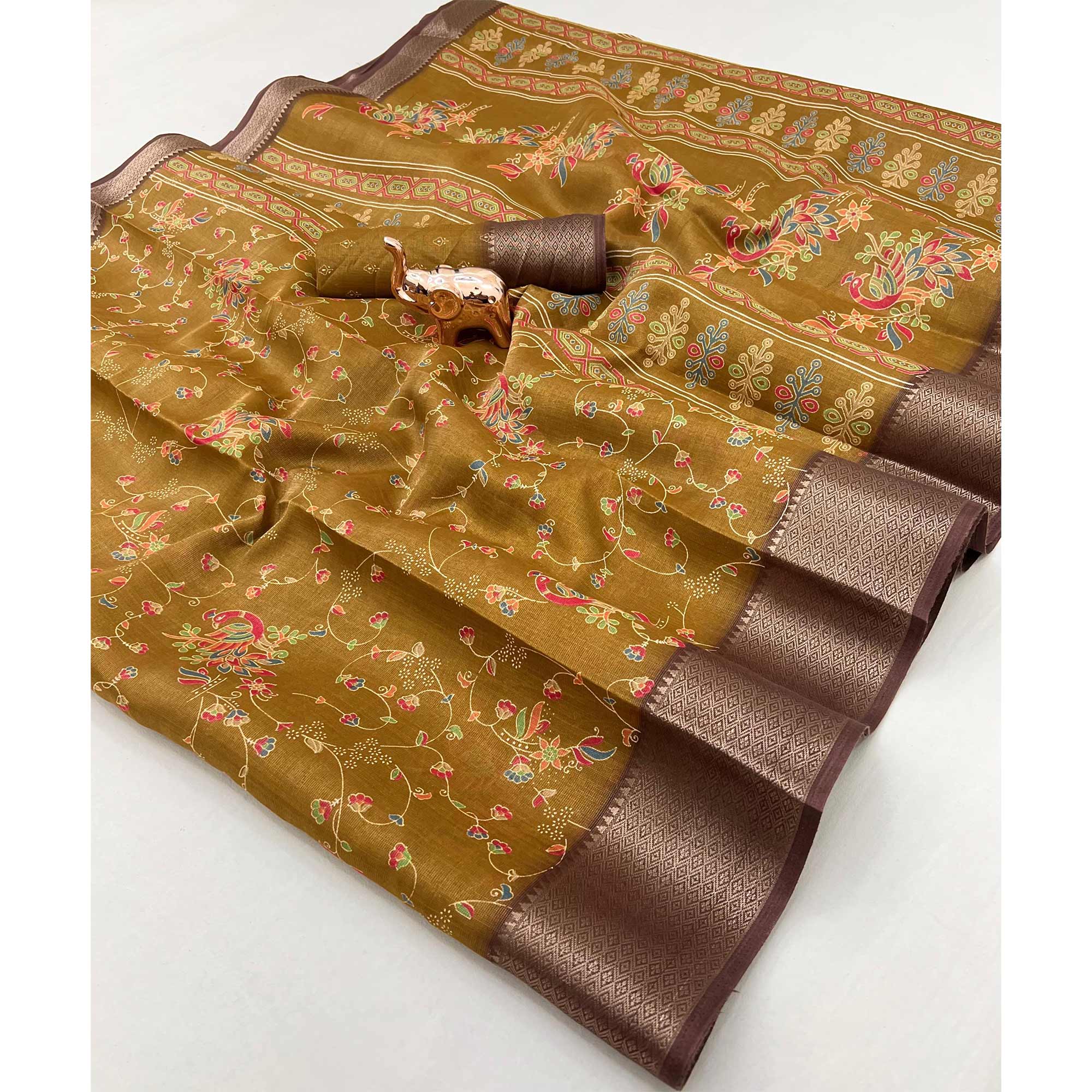 Dark Mustard Floral Printed Cotton Blend Saree With Zari Woven Border