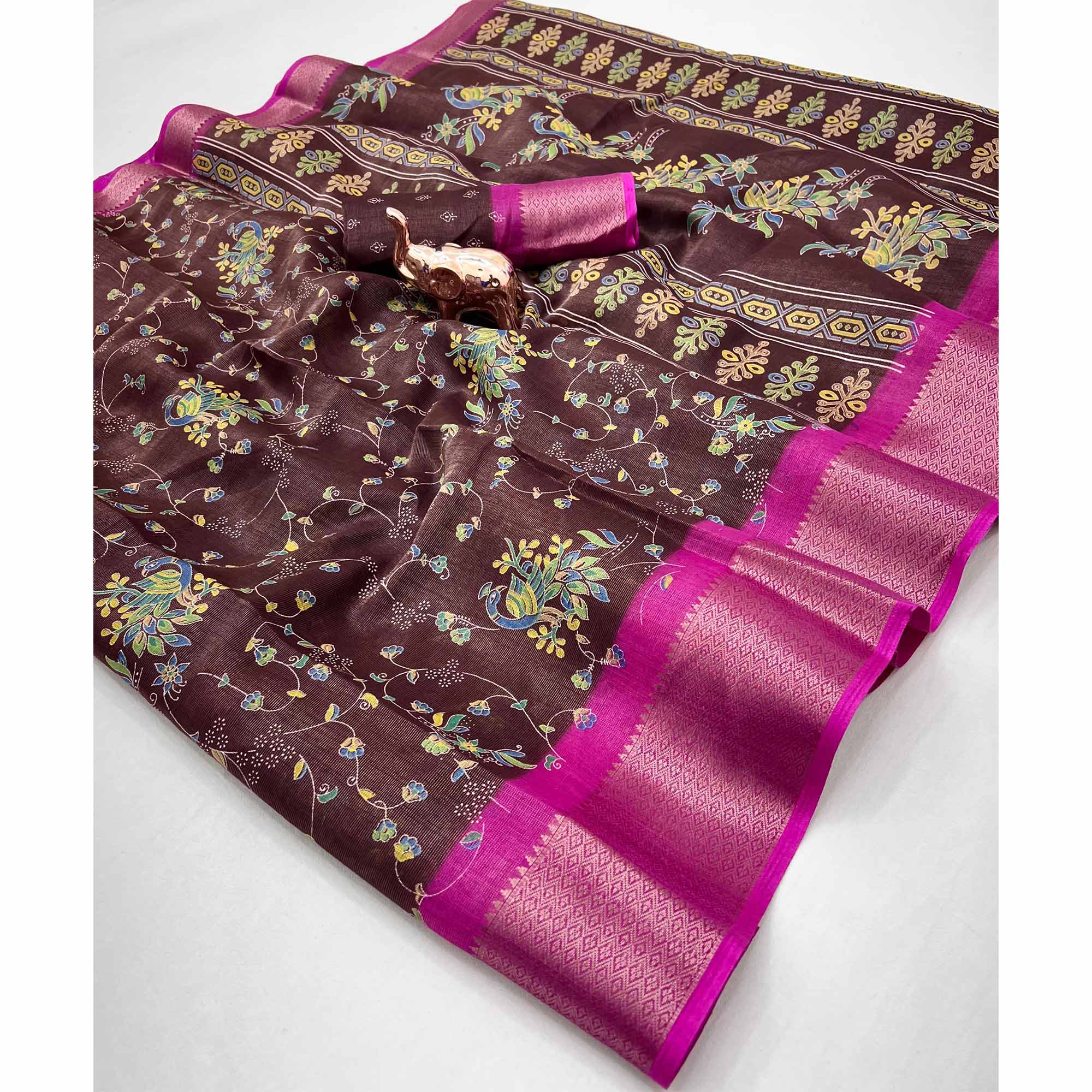 Deep Brown Floral Printed Cotton Blend Saree With Zari Woven Border