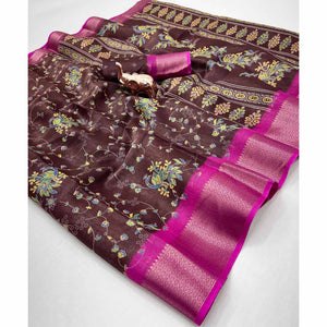 Deep Brown Floral Printed Cotton Blend Saree With Zari Woven Border