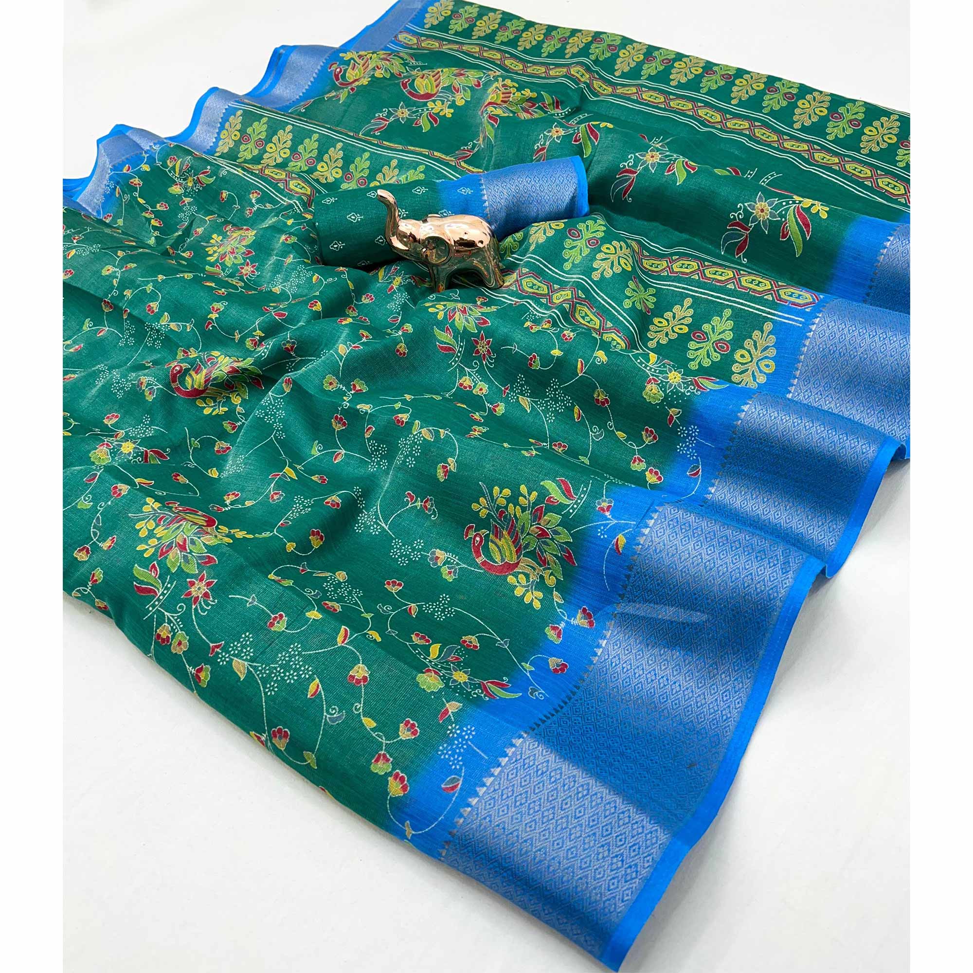 Green Floral Printed Cotton Blend Saree With Zari Woven Border