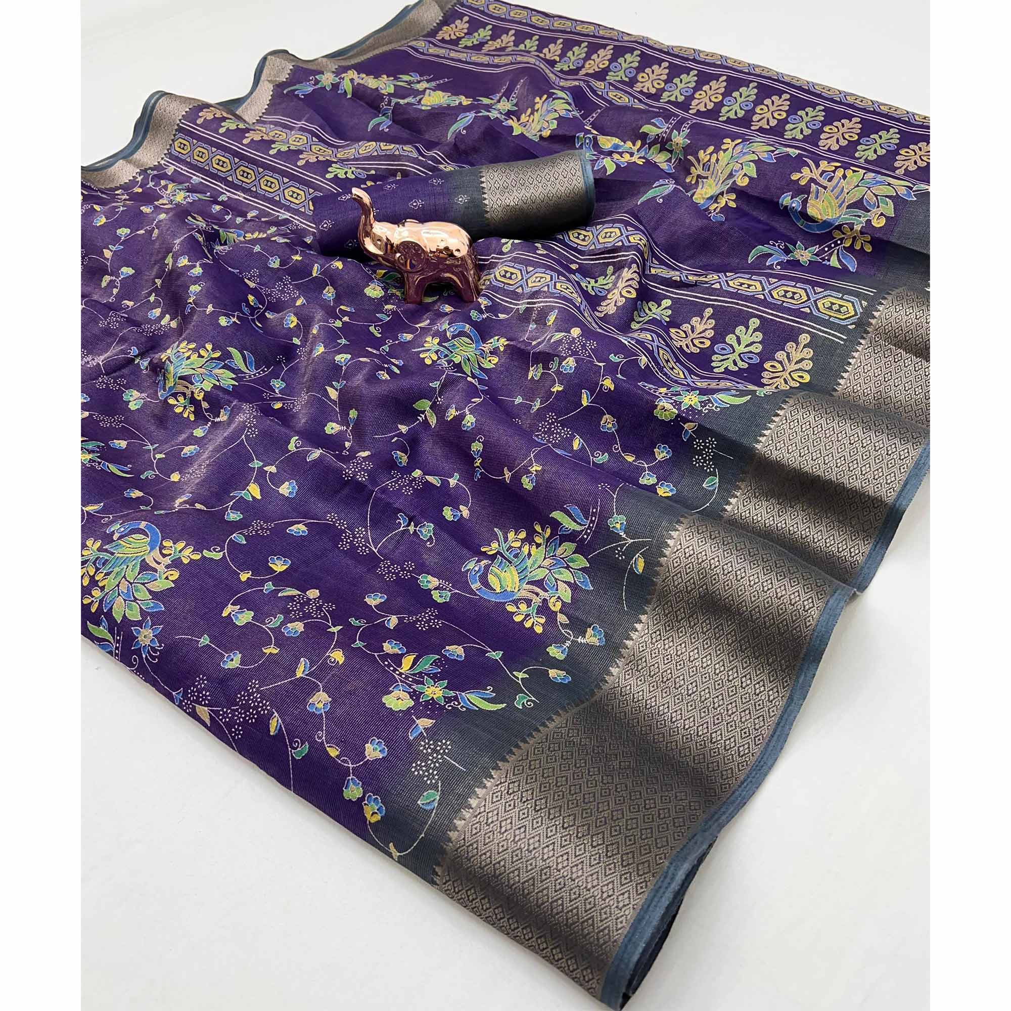 Purple Floral Printed Cotton Blend Saree With Zari Woven Border
