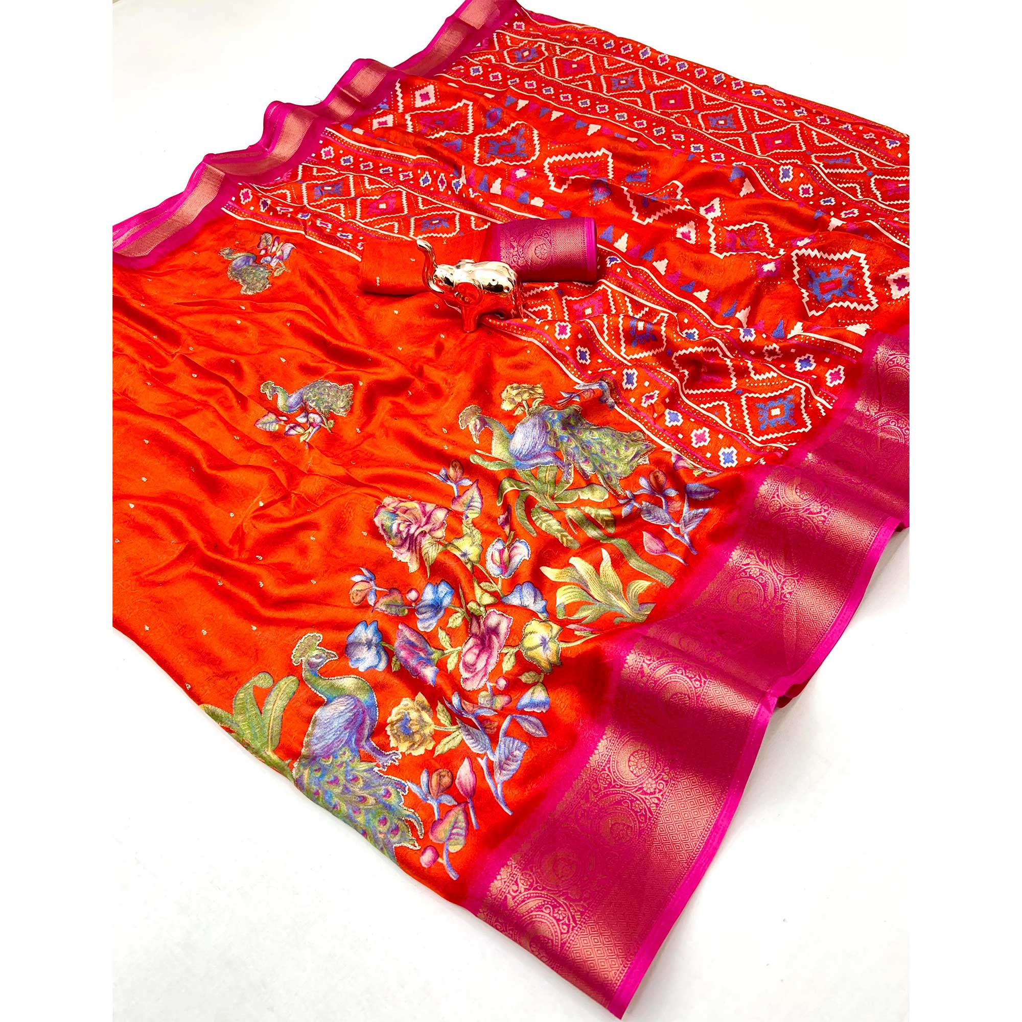 Elegant Orange Peacock & Floral Printed Georgette Saree Accented With Gleaming Weaving Zari Border