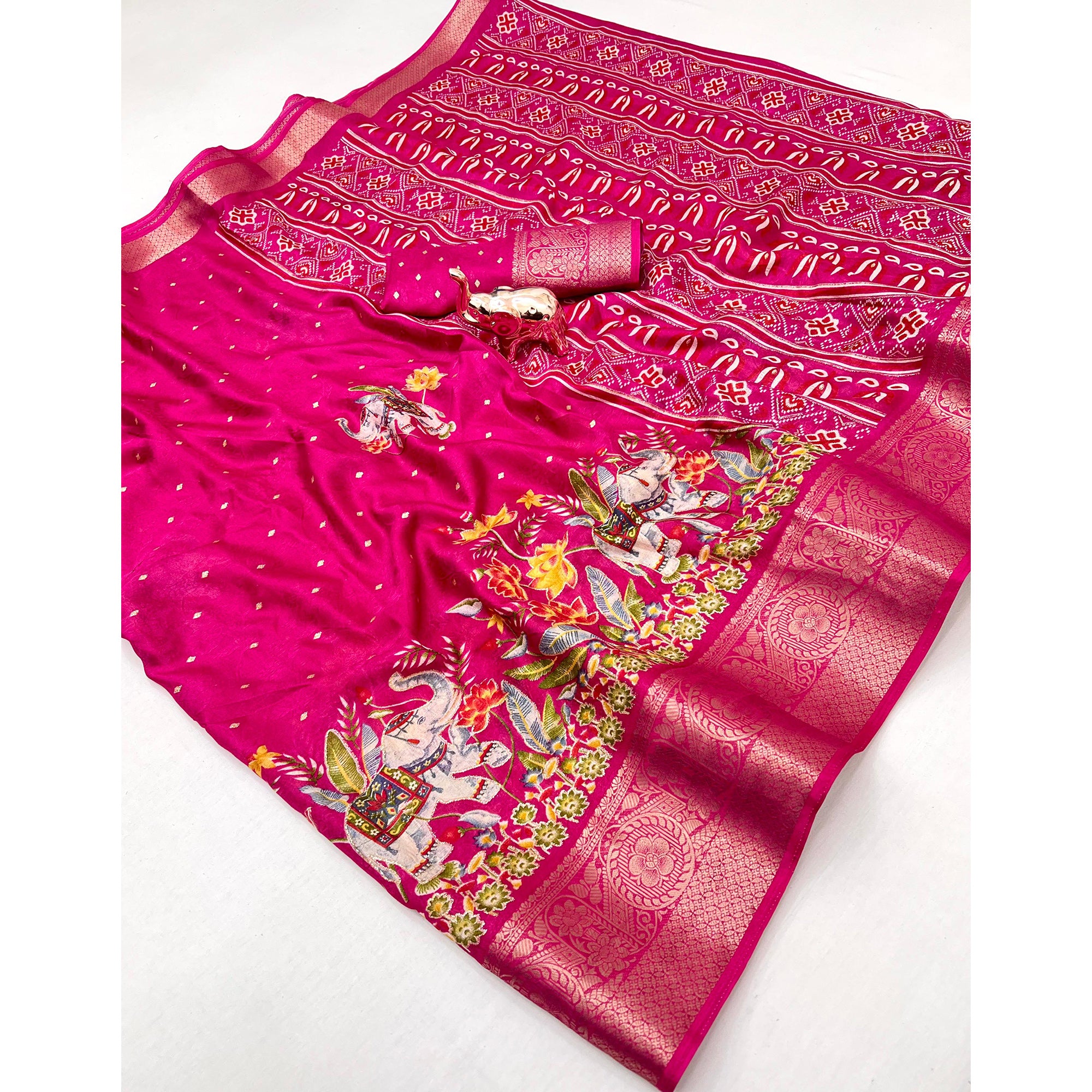 Elegant Pink Elephant & Floral Printed Georgette Saree Accented With Gleaming Weaving Zari Border