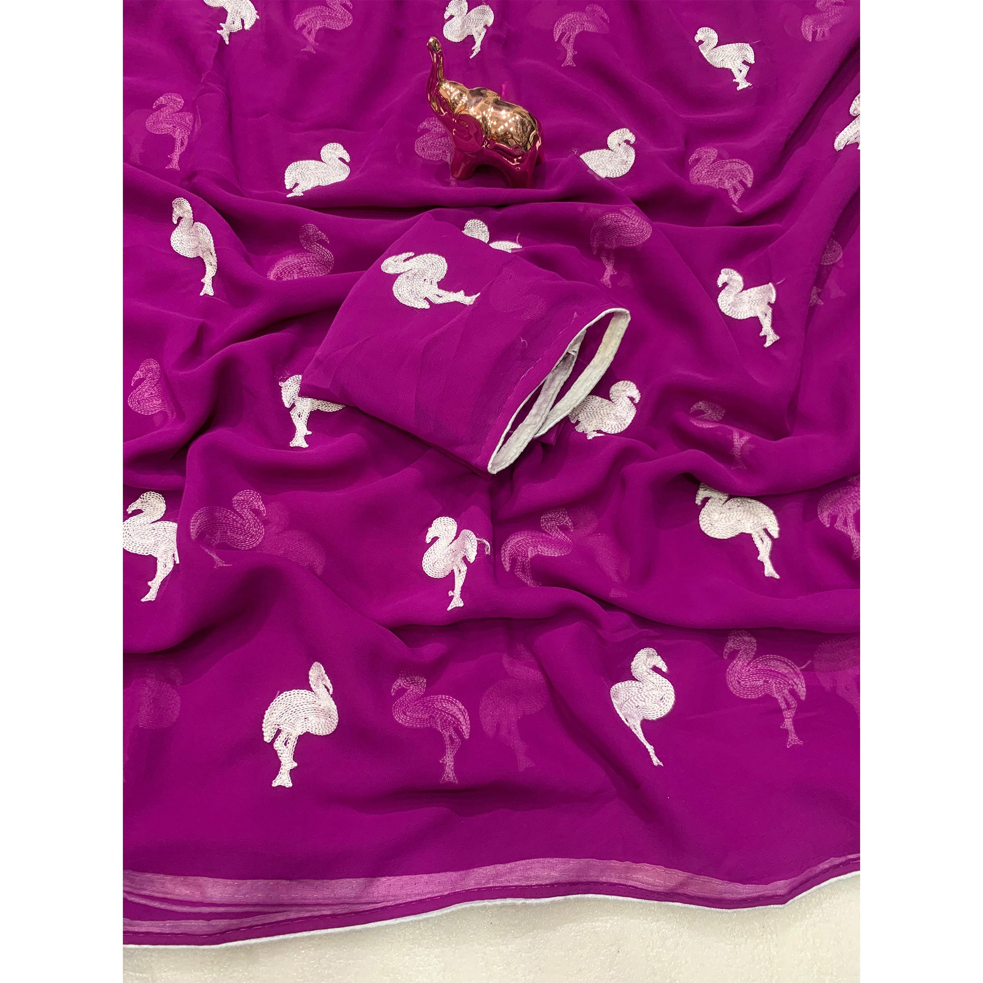 Dark Magenta Georgette Saree With Intricate Bird Pattern Thread Embroidery
