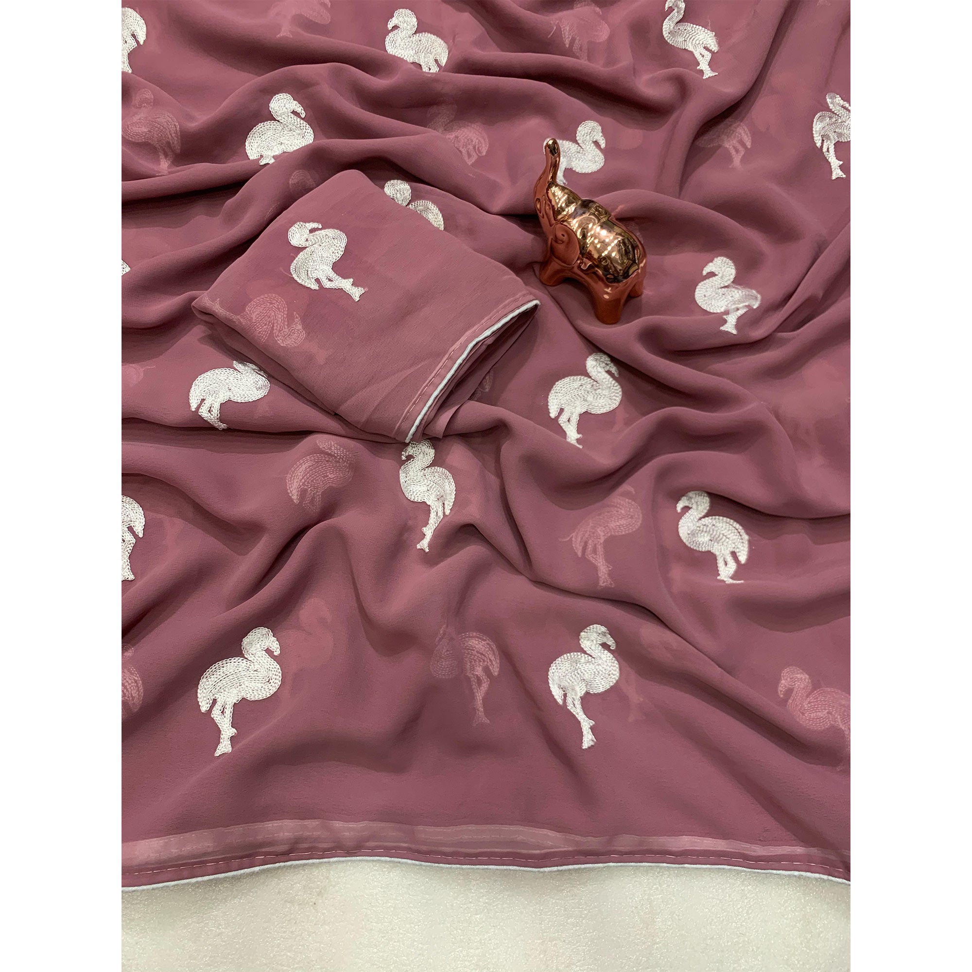 Dusty Rose Pink Georgette Saree With Intricate Bird Pattern Thread Embroidery