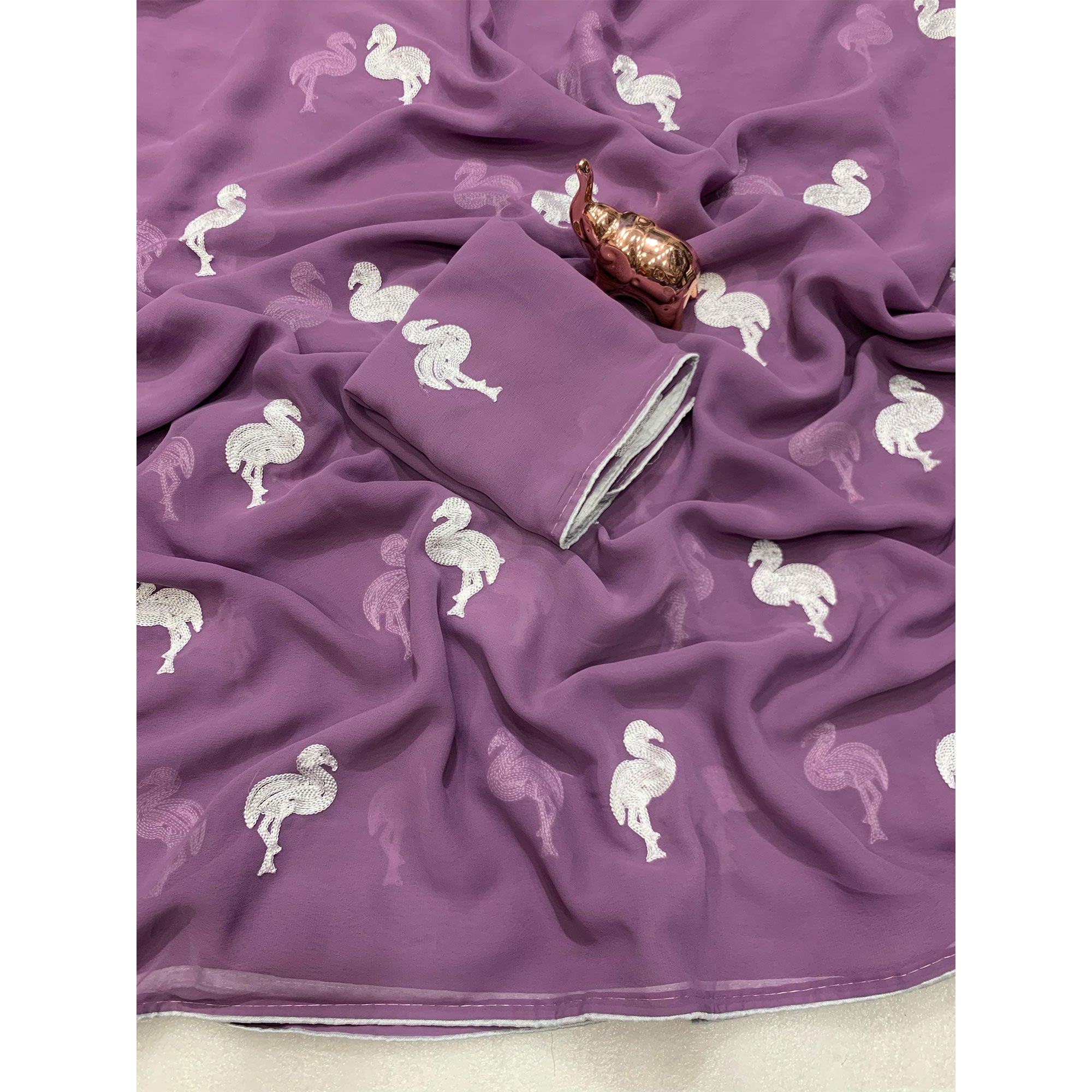 Dusty Purple Georgette Saree With Intricate Bird Pattern Thread Embroidery