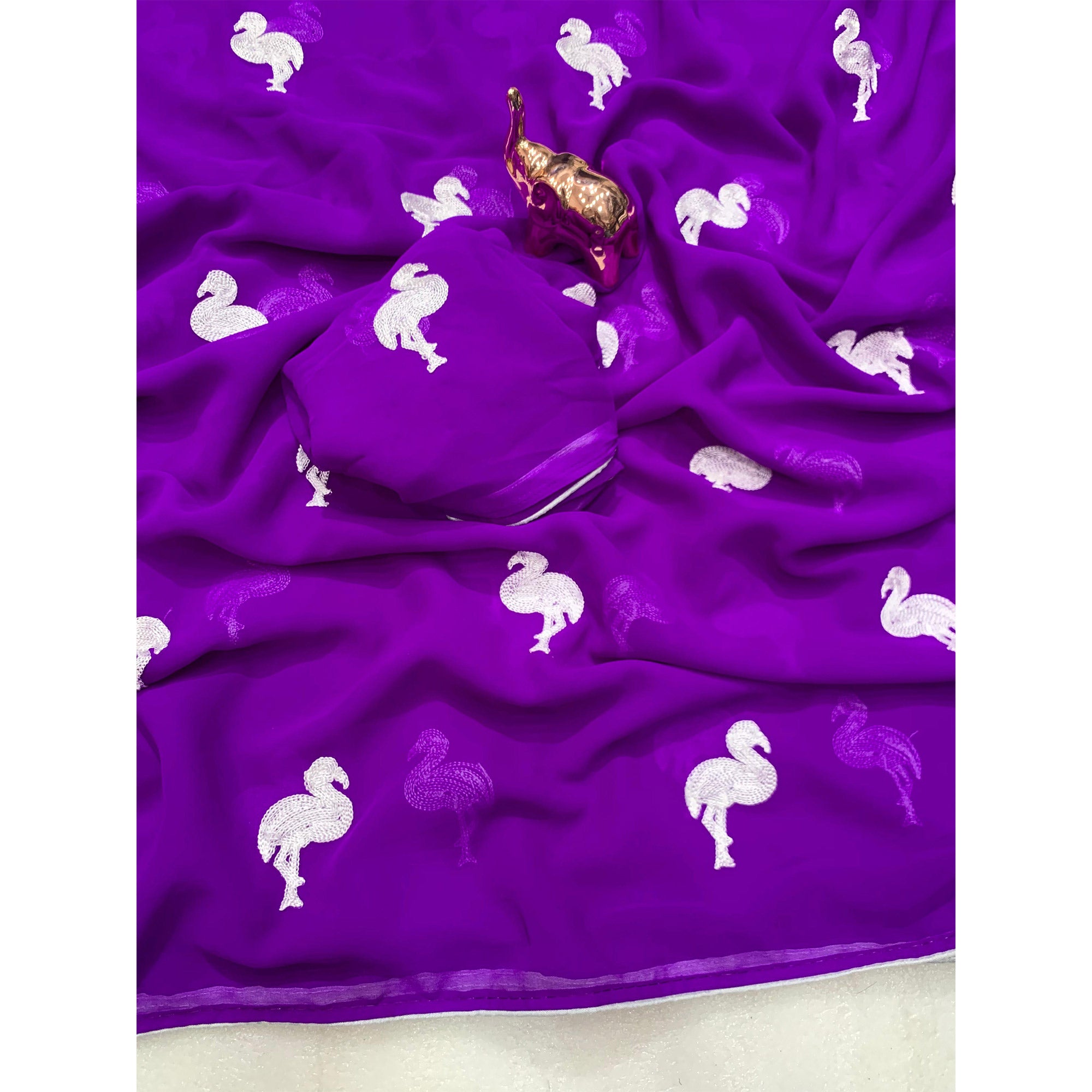 Purple Georgette Saree With Intricate Bird Pattern Thread Embroidery