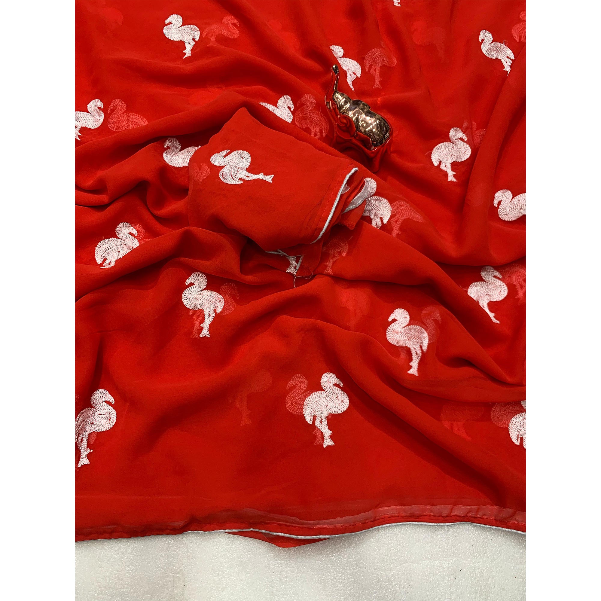 Red Georgette Saree With Intricate Bird Pattern Thread Embroidery