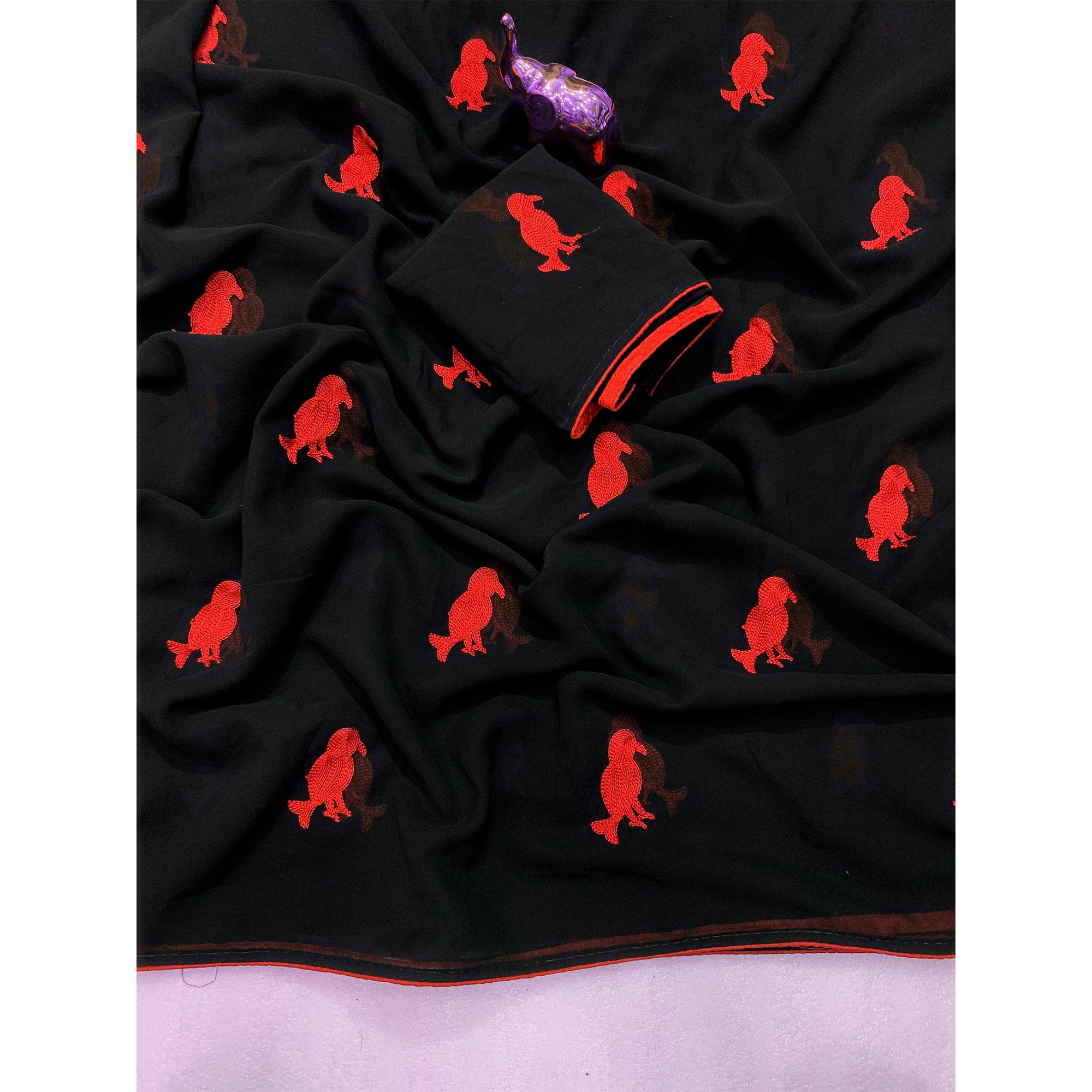 Black Georgette Saree Adorned With Elegant Bird Embroidery