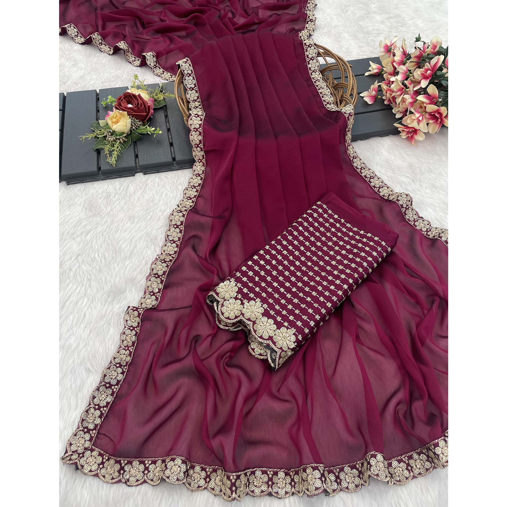 Dark Magenta Solid Rangoli Art Silk Saree With Sequins Embroidered Border