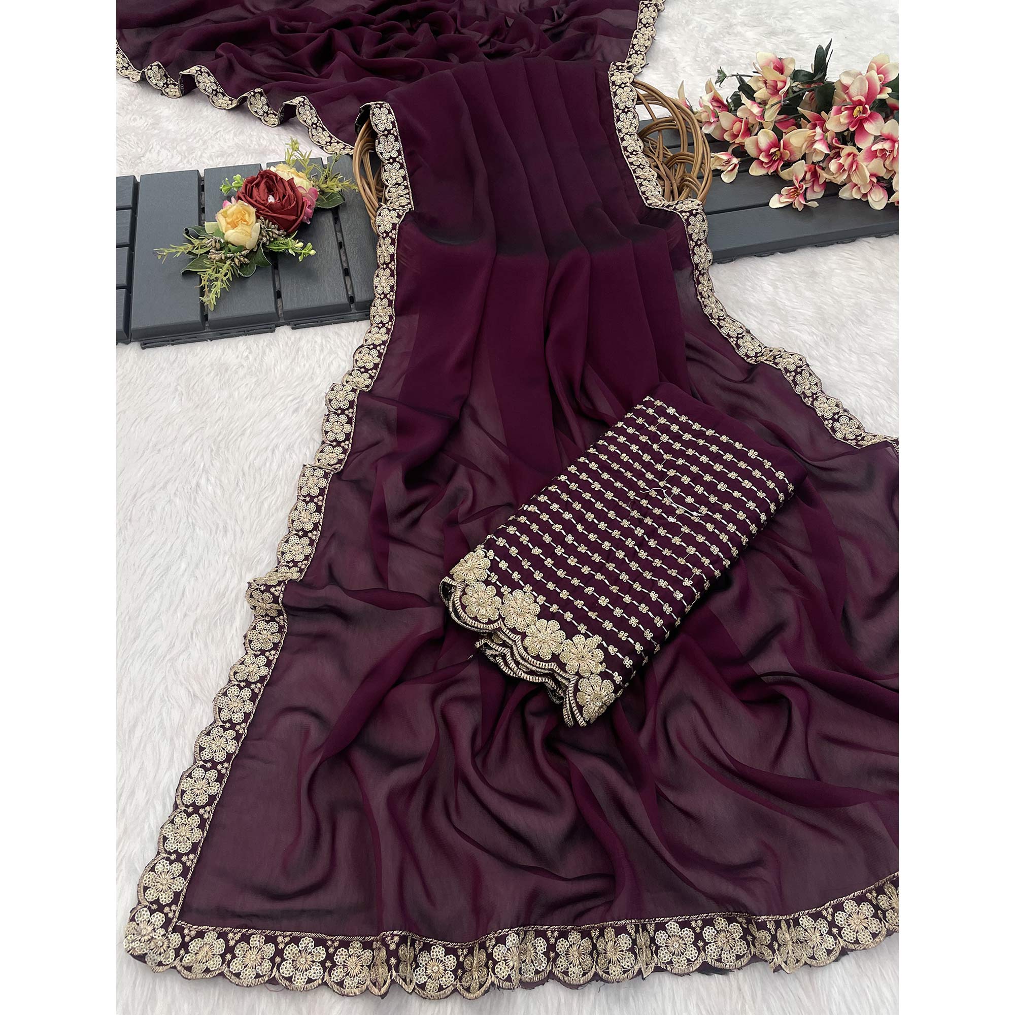 Wine Solid Rangoli Art Silk Saree With Sequins Embroidered Border