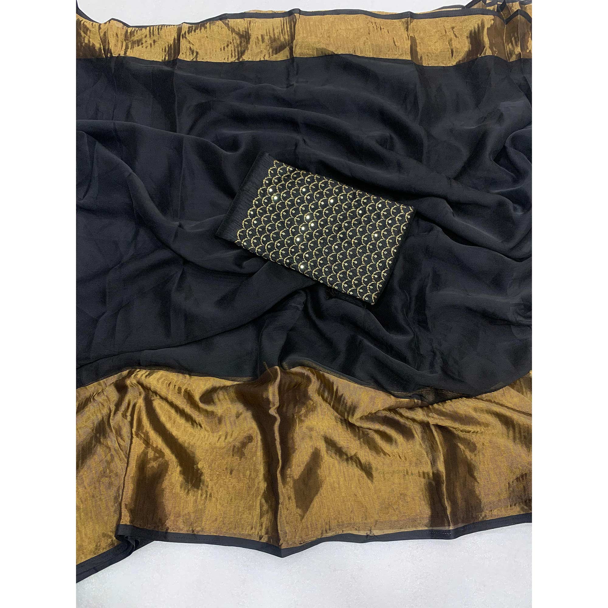 Black Woven Chiffon Saree With Zari Border