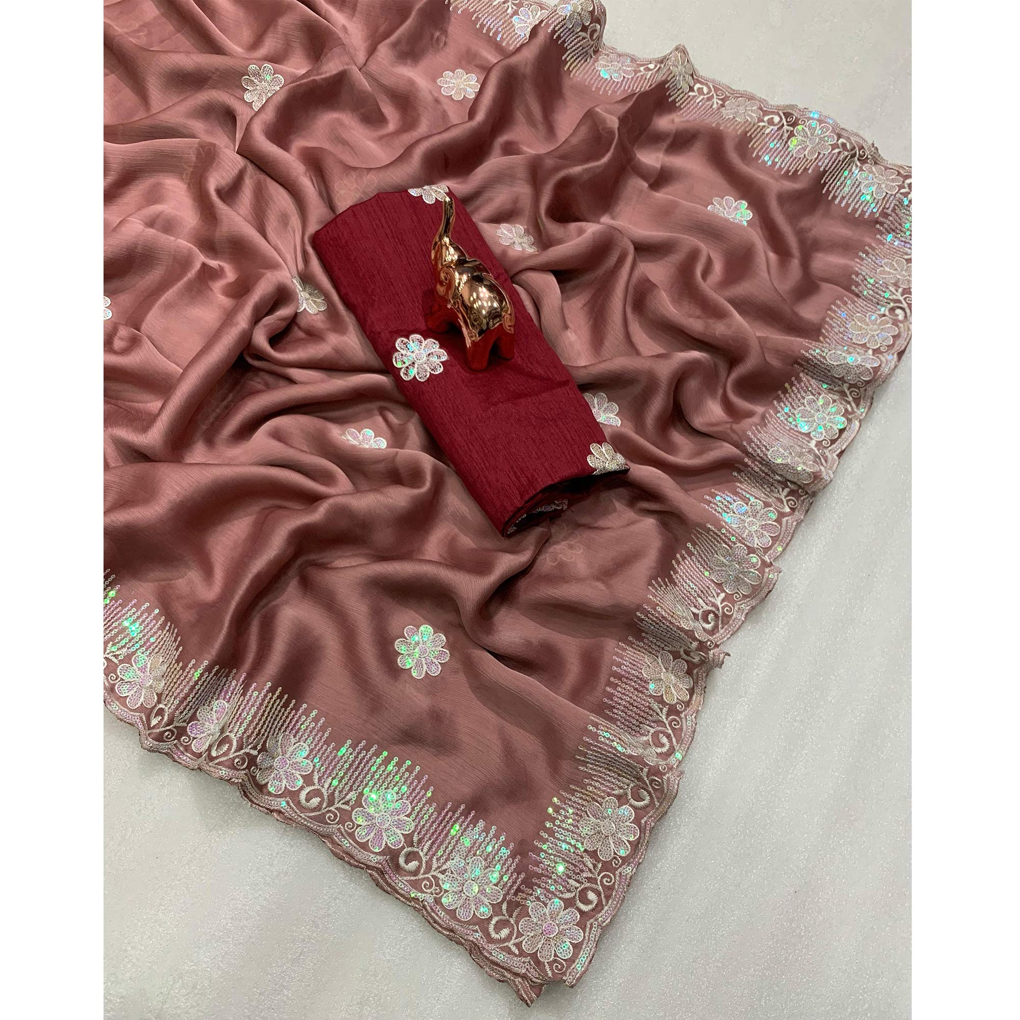 Lightweight Rosewood Brown Embroidered Saree with Shimmering Sequins on Chiffon